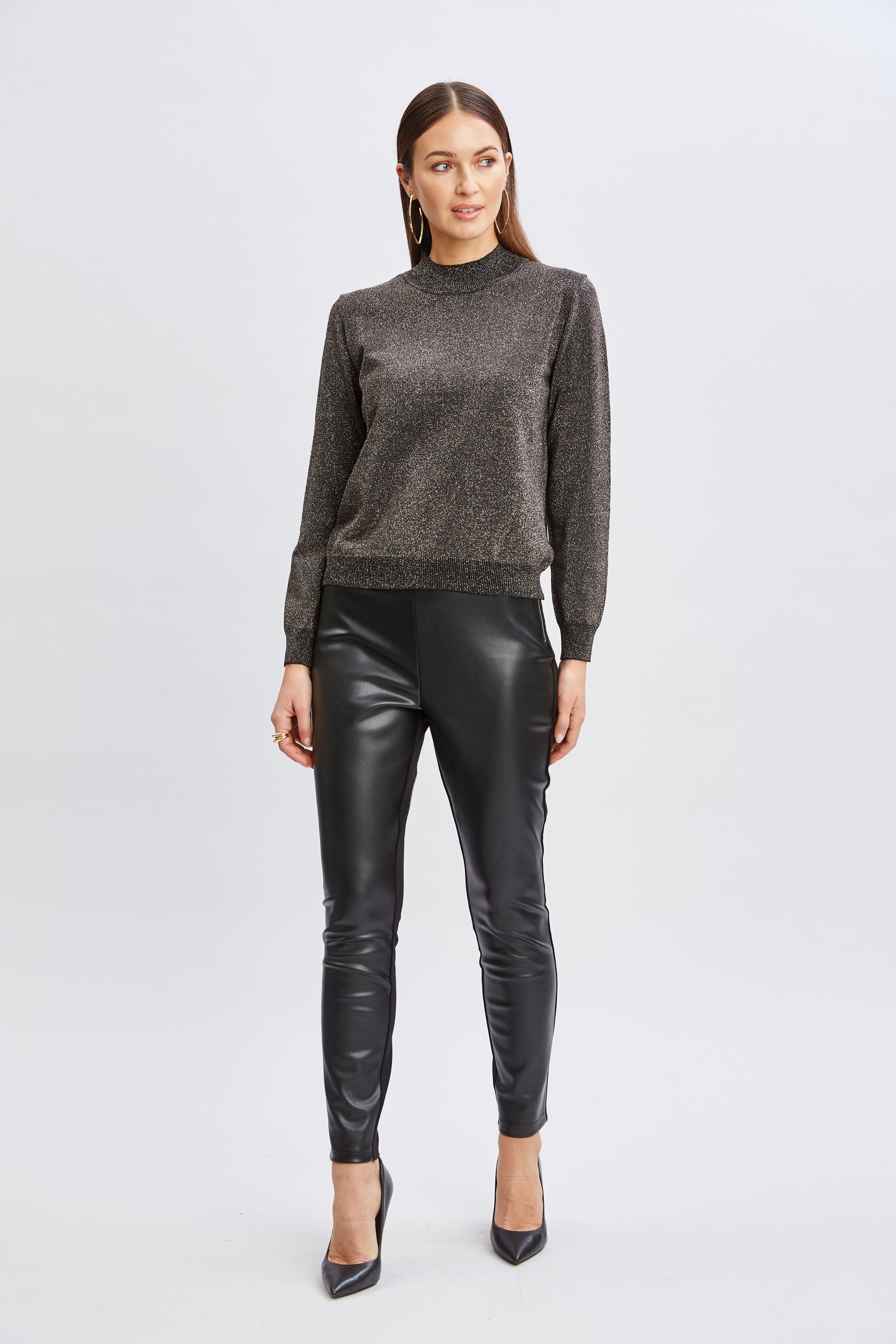 Metallic Mock Neck Sweater for Women - Shiny Knit Pullover with High Neck - Perfect for Holiday Parties & Winter Fashion