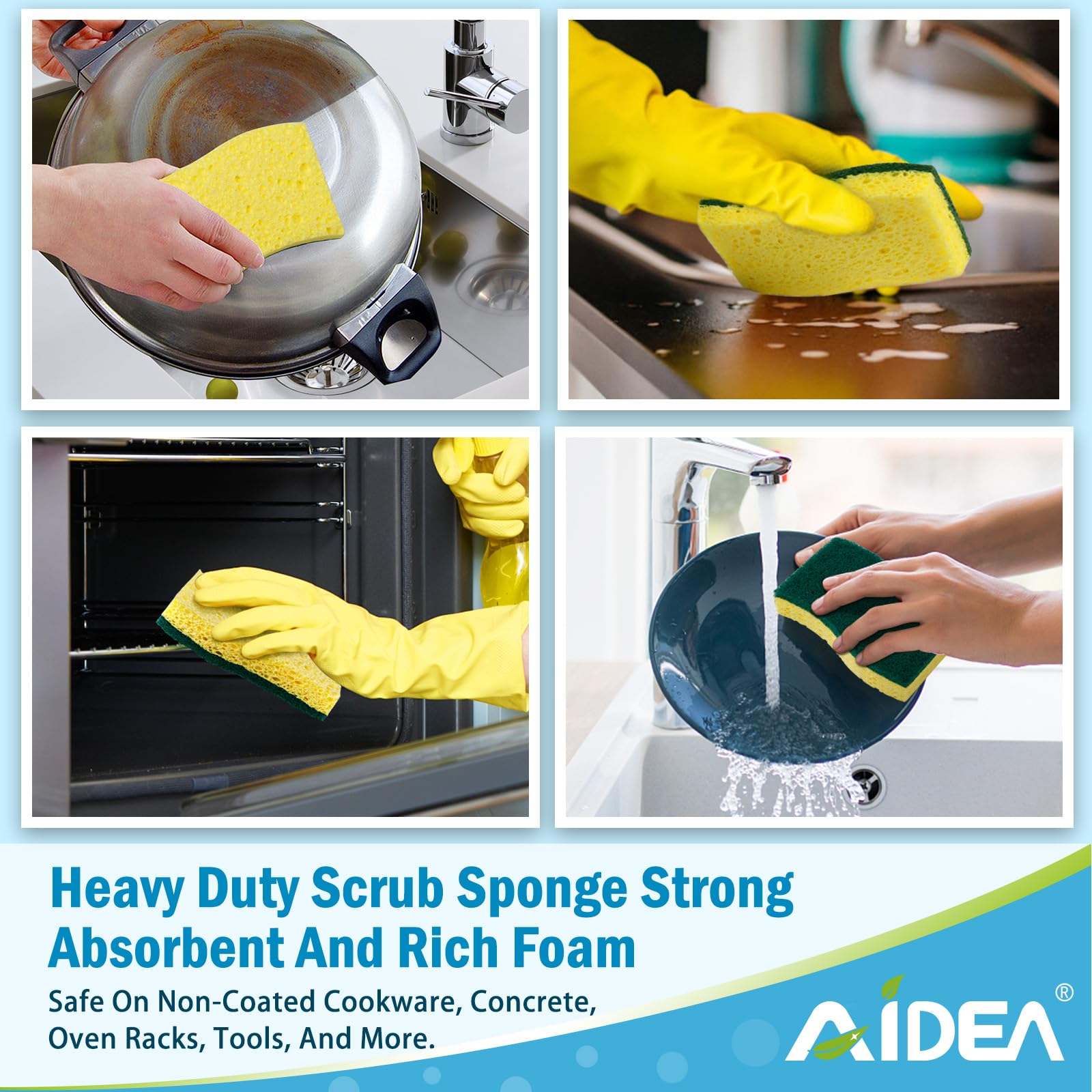 **AIDEA Heavy Duty Scrub Sponges for Kitchen - 6 Pack Cellulose Dish Sponges with Superior Scrubbing Power for Tough Messes, Non-Coated Cookware, Pots & Pans - Perfect for Deep Cleaning & Stain Removal**