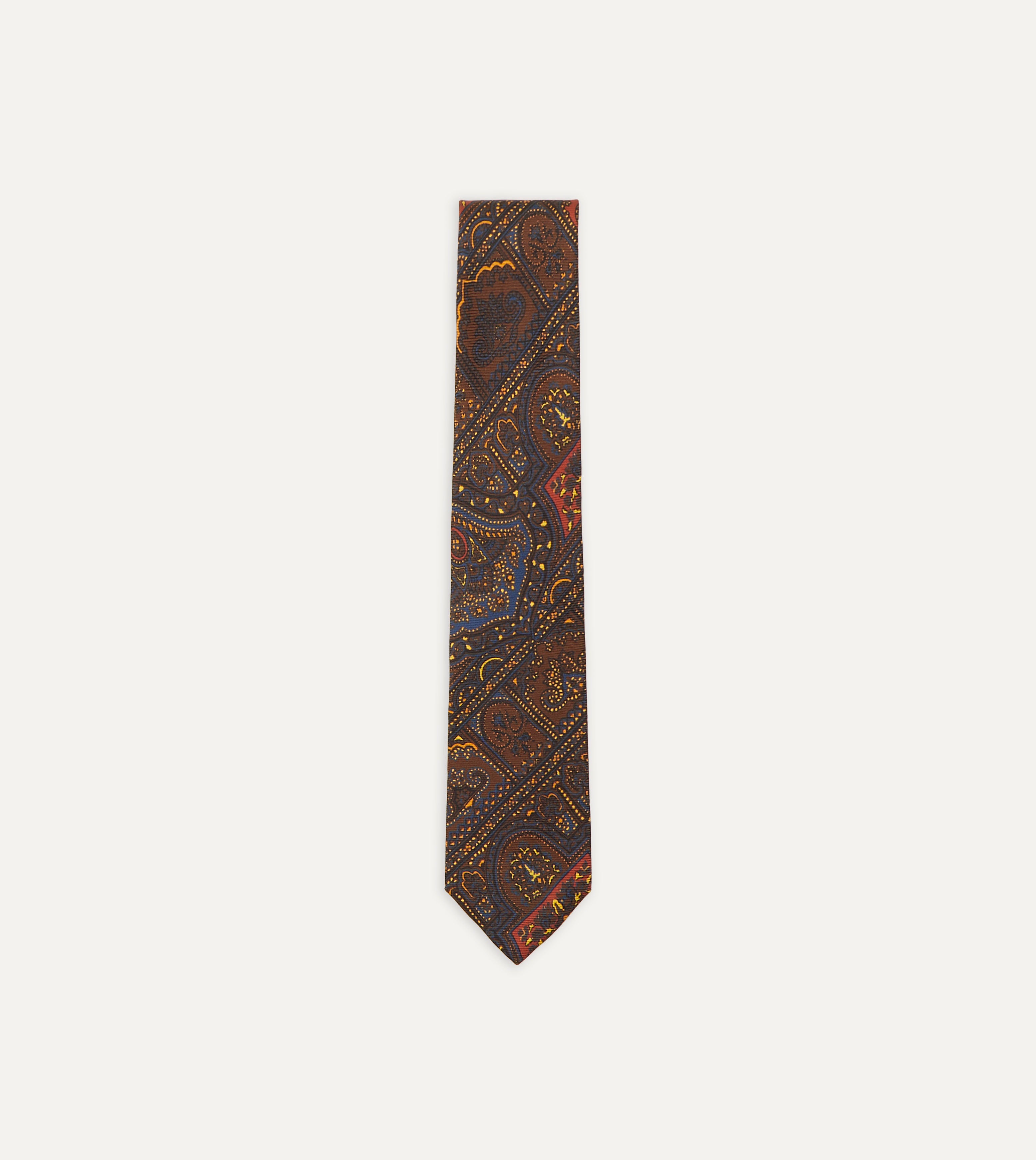 Brown, Navy & Red Paisley Print Madder Twill Silk Tie for Men - Elegant Formal Necktie for Business, Weddings & Special Occasions