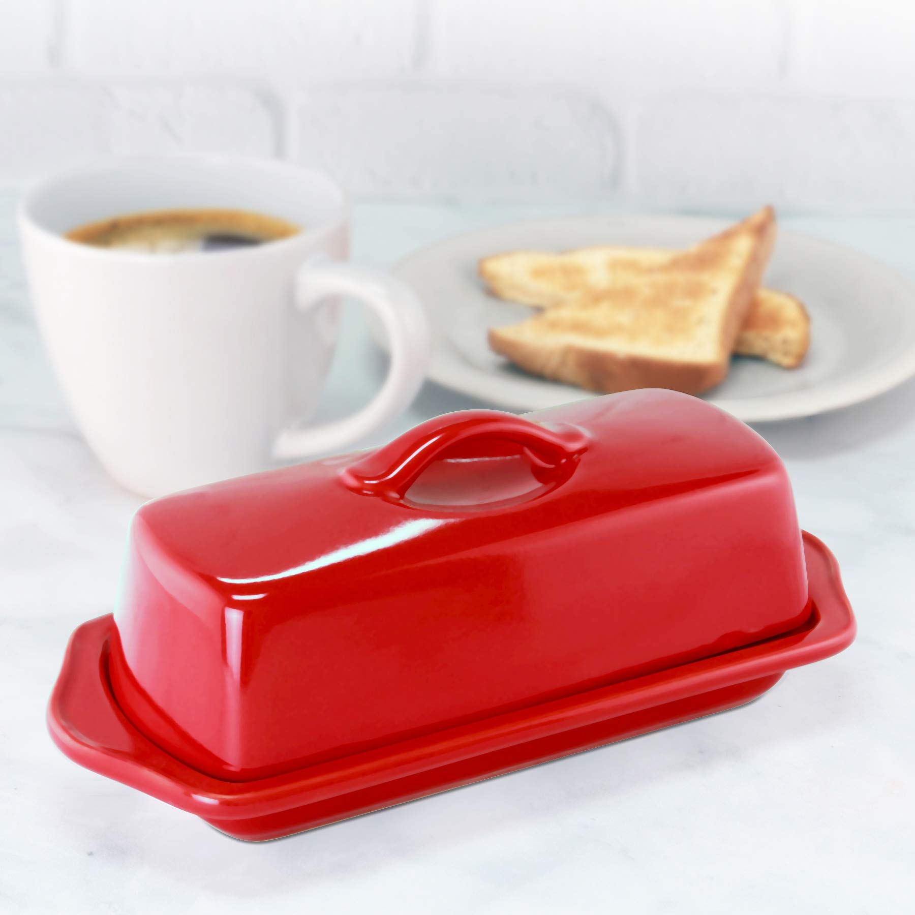 Chantal Large Butter Dish with Lid - True Red Ceramic Butter Keeper for Freshness - Perfect for Kitchen Countertop, Dining Table, and Breakfast Serving