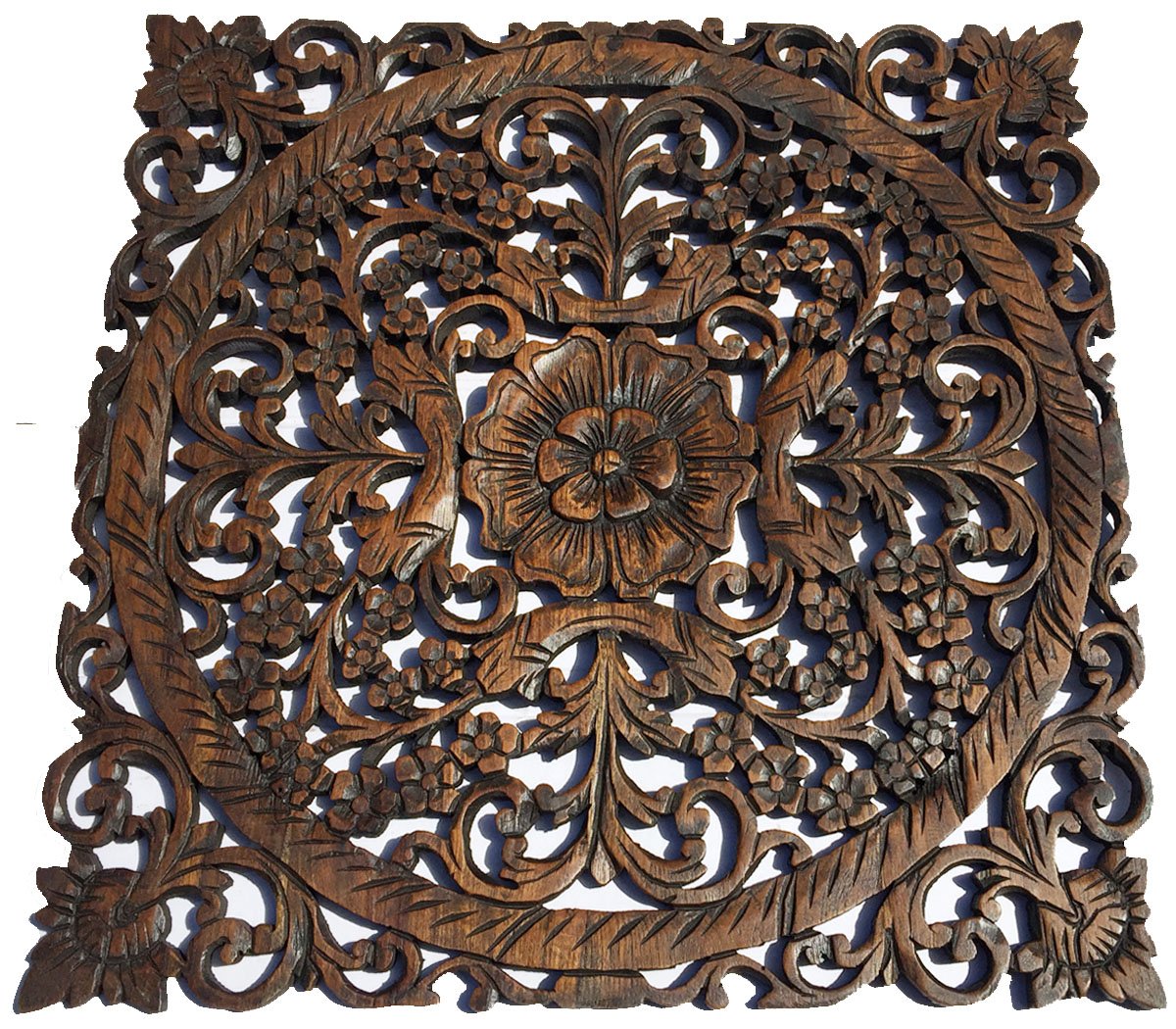Large Wood Wall Art - Handcrafted Oriental Floral Carved Wood Panel Decor | Asian Inspired Home Decoration | Rustic Wall Hanging 24