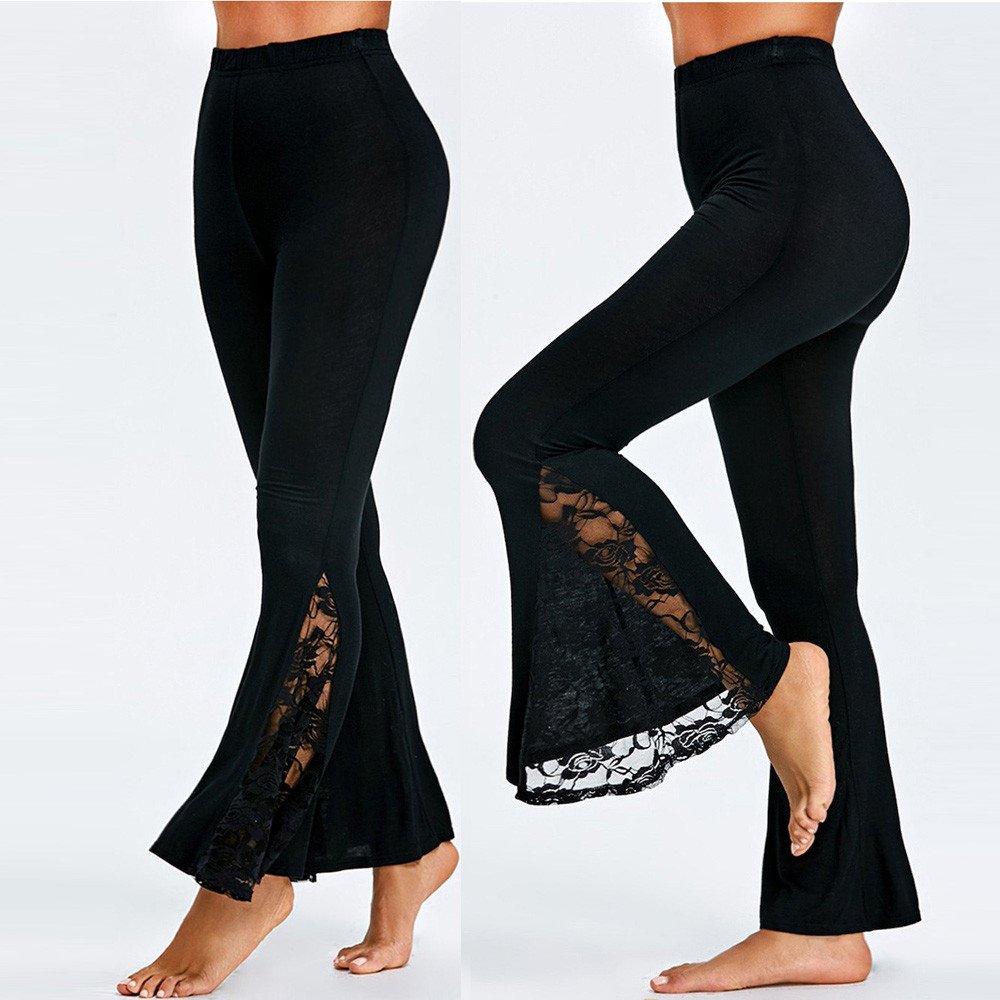 mmknlrm Women's High Waist Sexy Lace Panel Flare Leggings - Casual Stretch Pants for Yoga, Workout & Everyday Wear (Black, Medium)