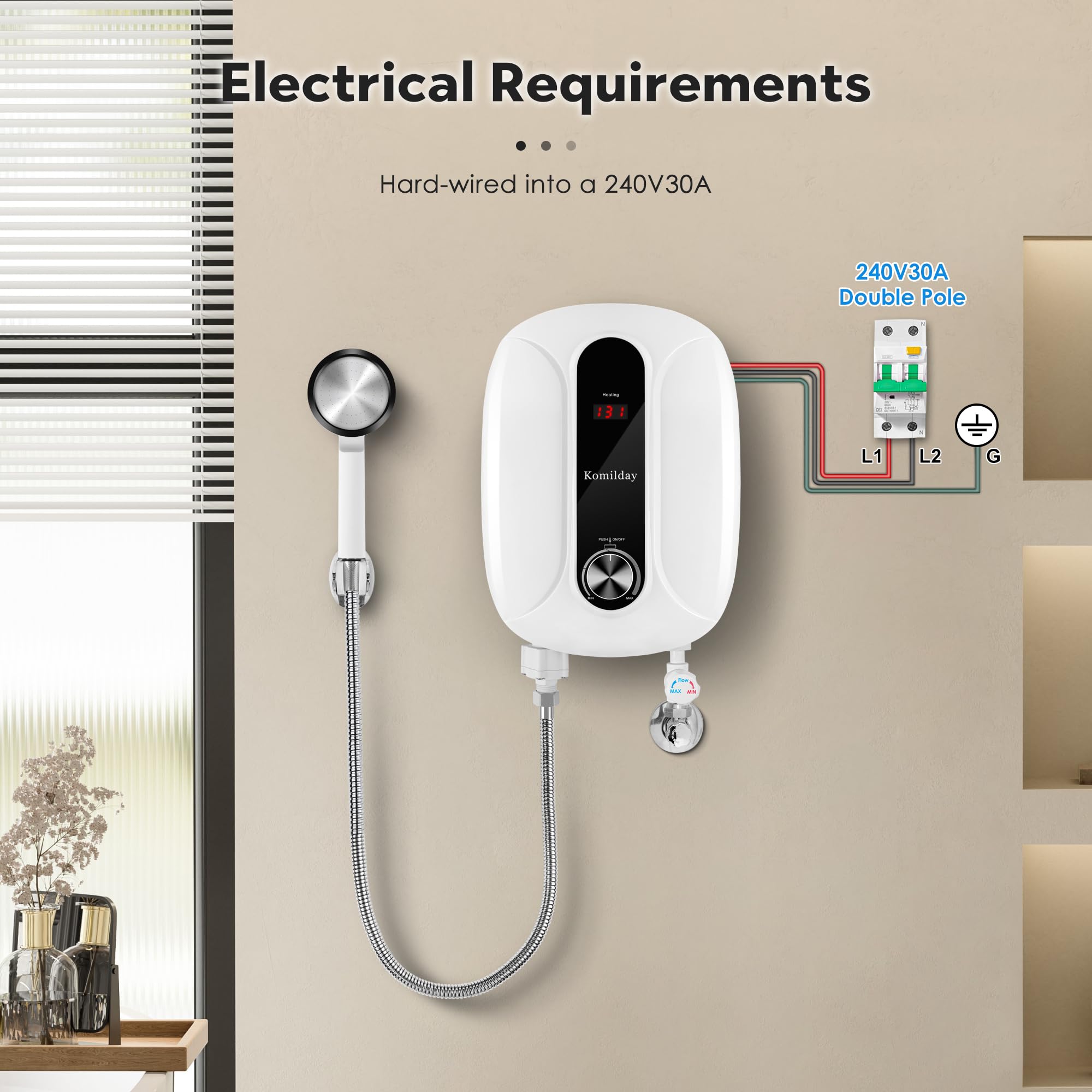 **240V 6500W Electric Tankless Water Heater with LED Temperature Display - Instant Hot Water for Bathroom, Kitchen & Sink - Overheating Protection, White (Ideal for Small Homes, Apartments & RVs)**
