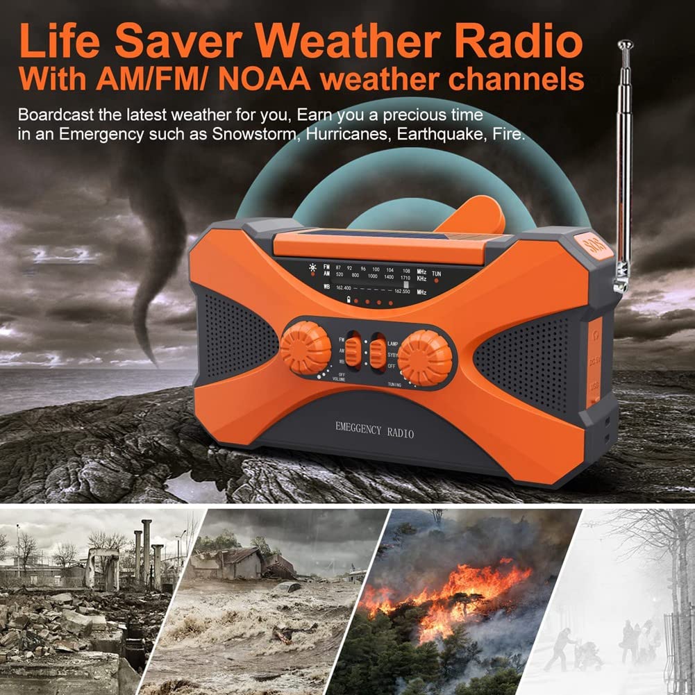 Malloy 10000mAh Solar Hand Crank Emergency Radio - Portable NOAA Weather Radio with USB Phone Charger, LED Flashlight & SOS Alarm (Orange) - Perfect for Camping, Hiking & Power Outages