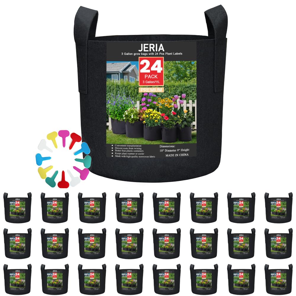 JERIA 24-Pack 3 Gallon Nonwoven Grow Bags - Heavy Duty Aeration Fabric Pots with Durable Handles for Plants, Vegetables & Herbs - Includes 24 Plant Labels - Ideal for Indoor/Outdoor Gardening, Greenhouses & Urban Farming