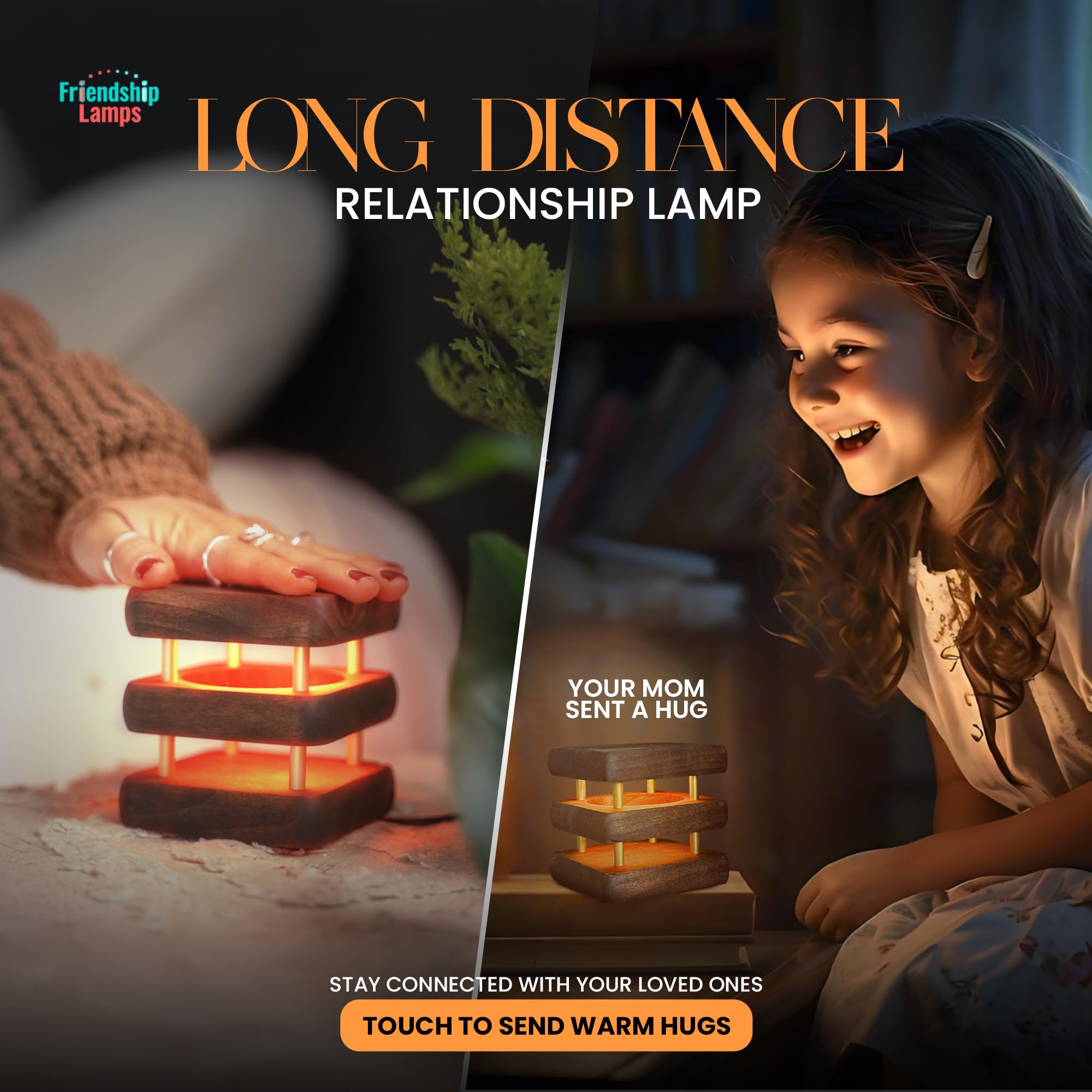 Friendship Lamp Mini Square Mid-Century Handmade WiFi Touch LED Light - Long Distance Connection Gift for Best Friends, Couples & Relationships | Unique App-Controlled Night Light for Bedroom, Living Room & Gifts (Kona Set of 2)