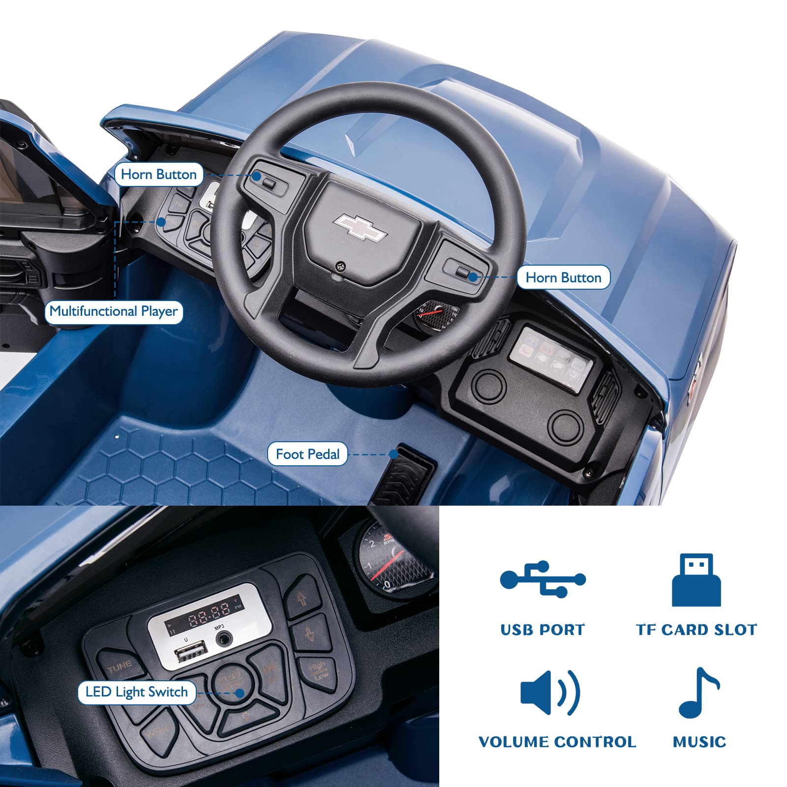 12V Licensed Chevy Silverado Kids Ride On Car - Remote Control Electric Vehicle Toy with 4-Wheeler Suspension, Music & LED Lights, 3 Speed Settings (Blue) | Perfect for Outdoor Play, Birthday Gifts & Family Fun Activities