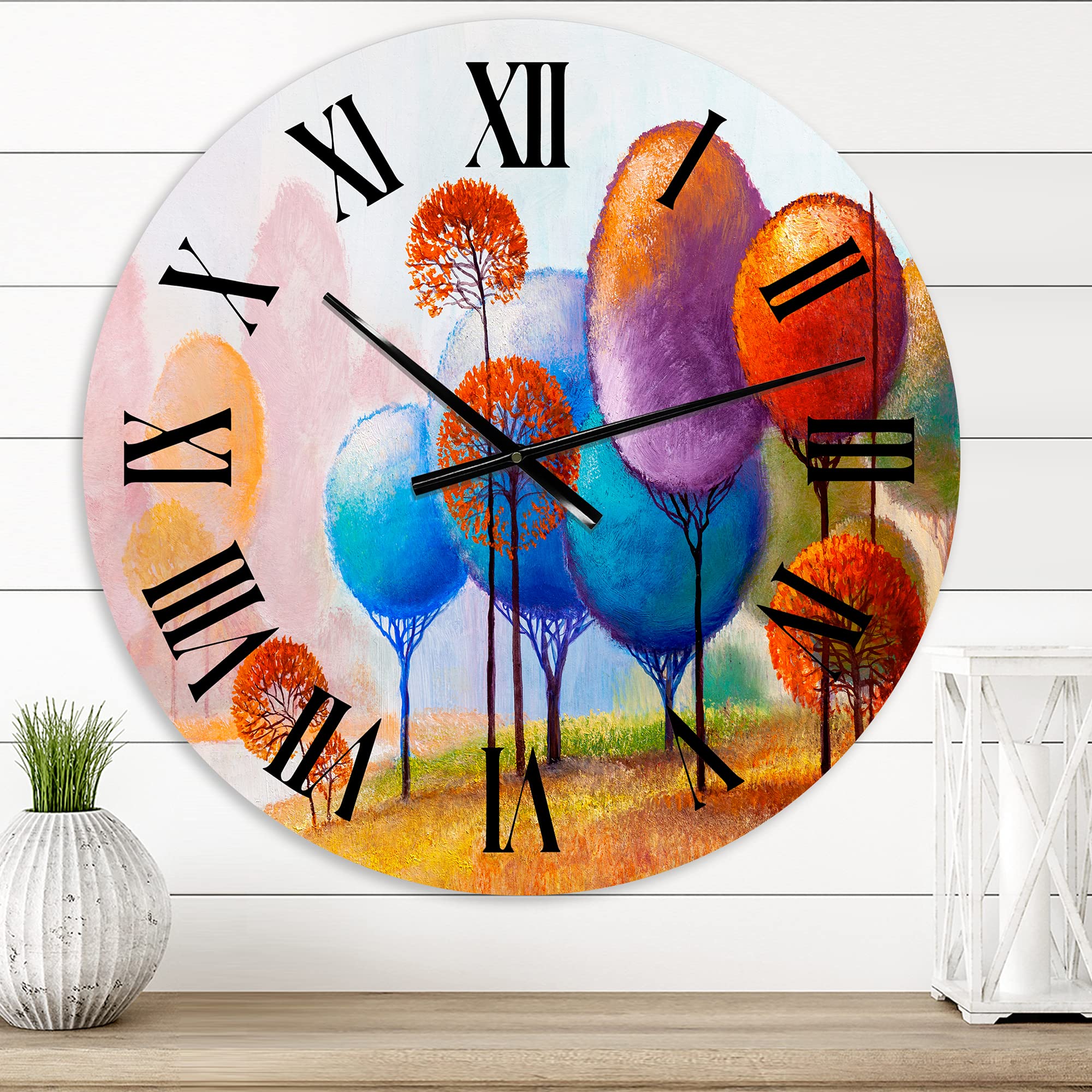 DesignQ Traditional Wall Clock 'Colorful Trees Impression III' - Large Landscape & Nature Wall Clock for Bedroom, Living Room, Office Decor - Perfect for Home, Office & Gift Giving