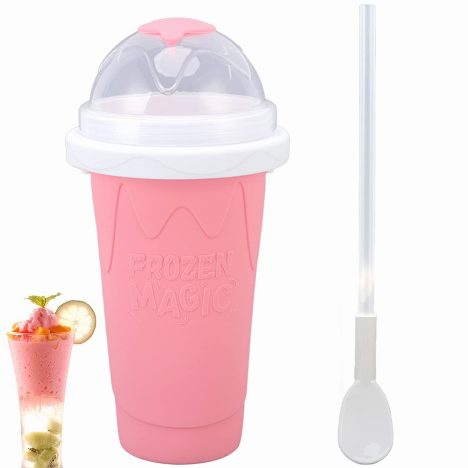 Magic Quick Frozen Slushie Cup - 210ml Double Layer Ice Cream Maker with Spoon Straw | Homemade Smoothie, Milk Shake & DIY Slushy Maker | Perfect Cooling Cup for Kids, Parties & Summer Treats (Pink)