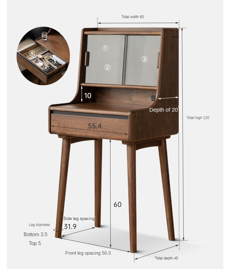 Black Walnut Solid Wood Lighted Vanity Dressing Table with Mirror - Elegant Makeup Desk for Bedroom, Bathroom, or Boudoir