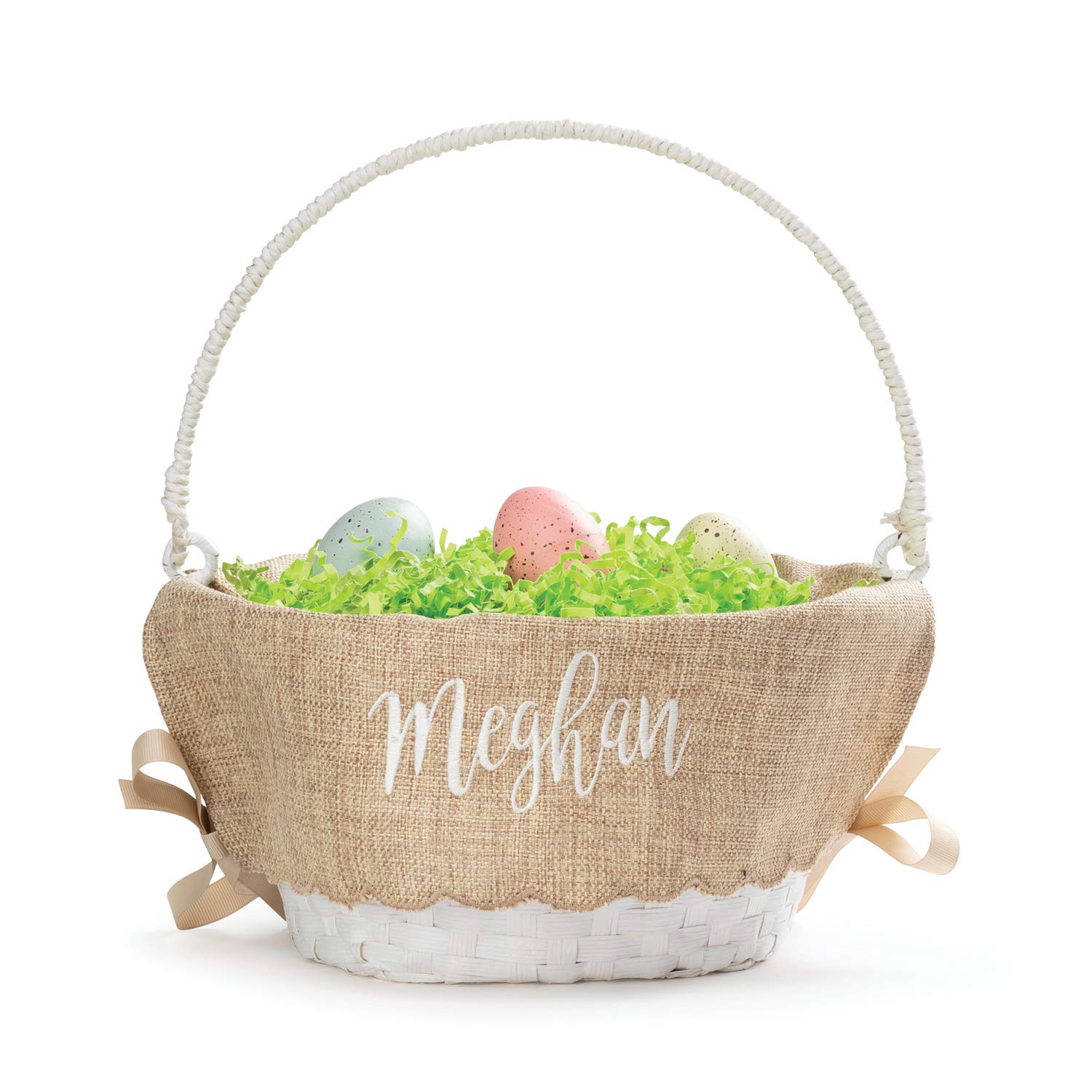 Personalized Easter Egg Basket with Handle - Custom Name in White Script | Scallop Edge Burlap Liner | White Woven Basket for Kids & Adults | Perfect for Easter Egg Hunts, Gift Giving & Spring Decor