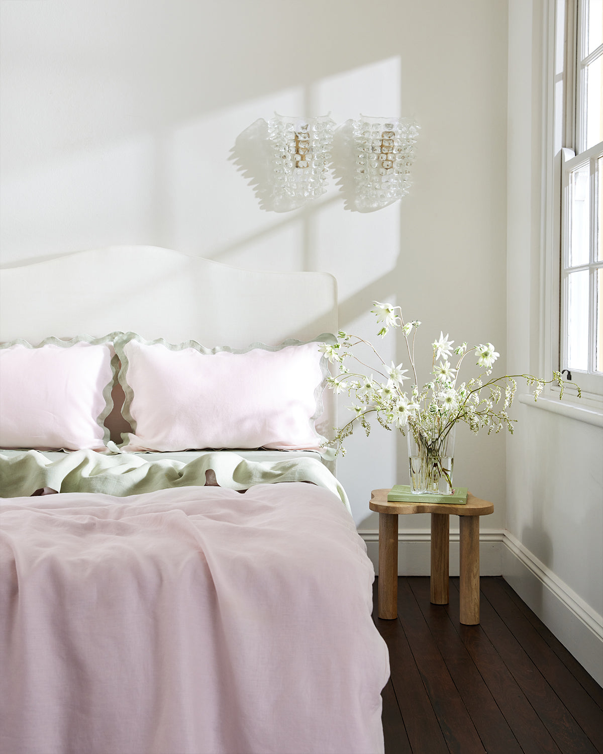 100% French Flax Linen Scalloped Pillowcases Set of 2 - Rosewater & Sage | Breathable & Hypoallergenic Bedding for Luxurious Sleep & Home Decor