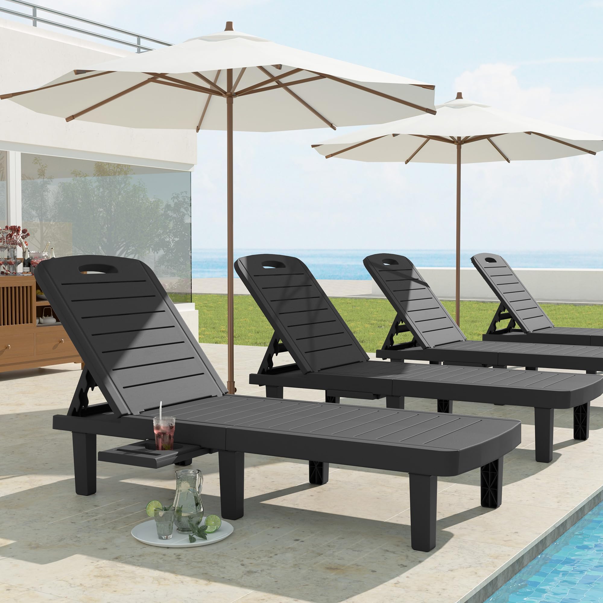 UDPATIO Oversized Waterproof Resin Pool Lounge Chairs Set of 2 - Adjustable Backrest Outdoor Chaise Lounge with Cup Holder Tray for Patio, Lawn, Beach, Backyard, Deck | Perfect for Sunbathing, Poolside Relaxation & Outdoor Lounging