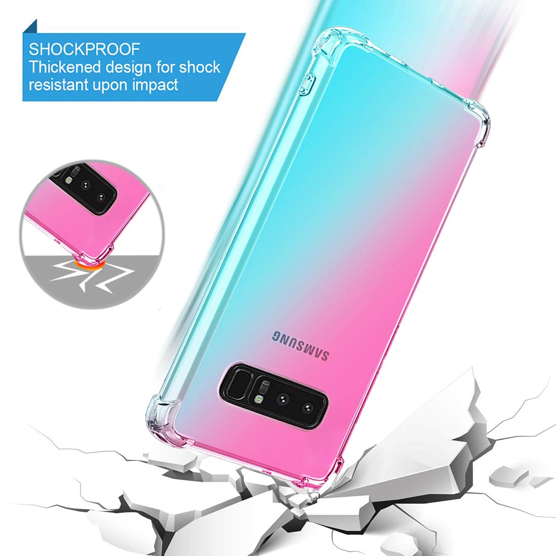 Samsung Galaxy Note 8 Case - Clear Gradient Slim Flexible TPU Cover with Shockproof & Anti-Scratch Protection - Cute Pink/Green Design - Perfect for Everyday Use, Work & Travel