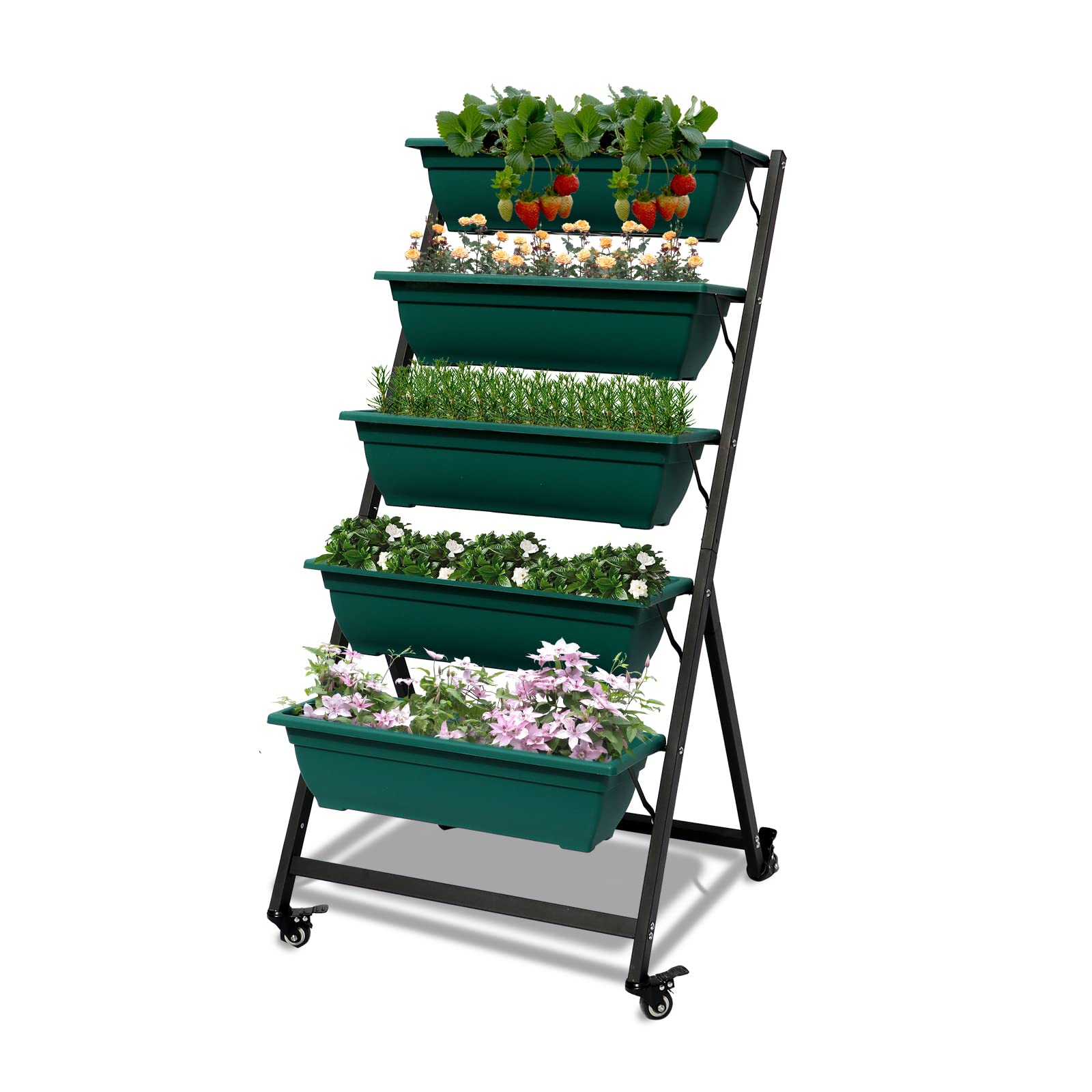 5-Tier Vertical Raised Garden Bed - Freestanding Elevated Planter Box with Drain Holes for Outdoor/Indoor Gardening - Grow Flowers, Vegetables, Herbs on Patio, Balcony or Greenhouse (Green) - Perfect for Small Space Gardening & Urban Farming