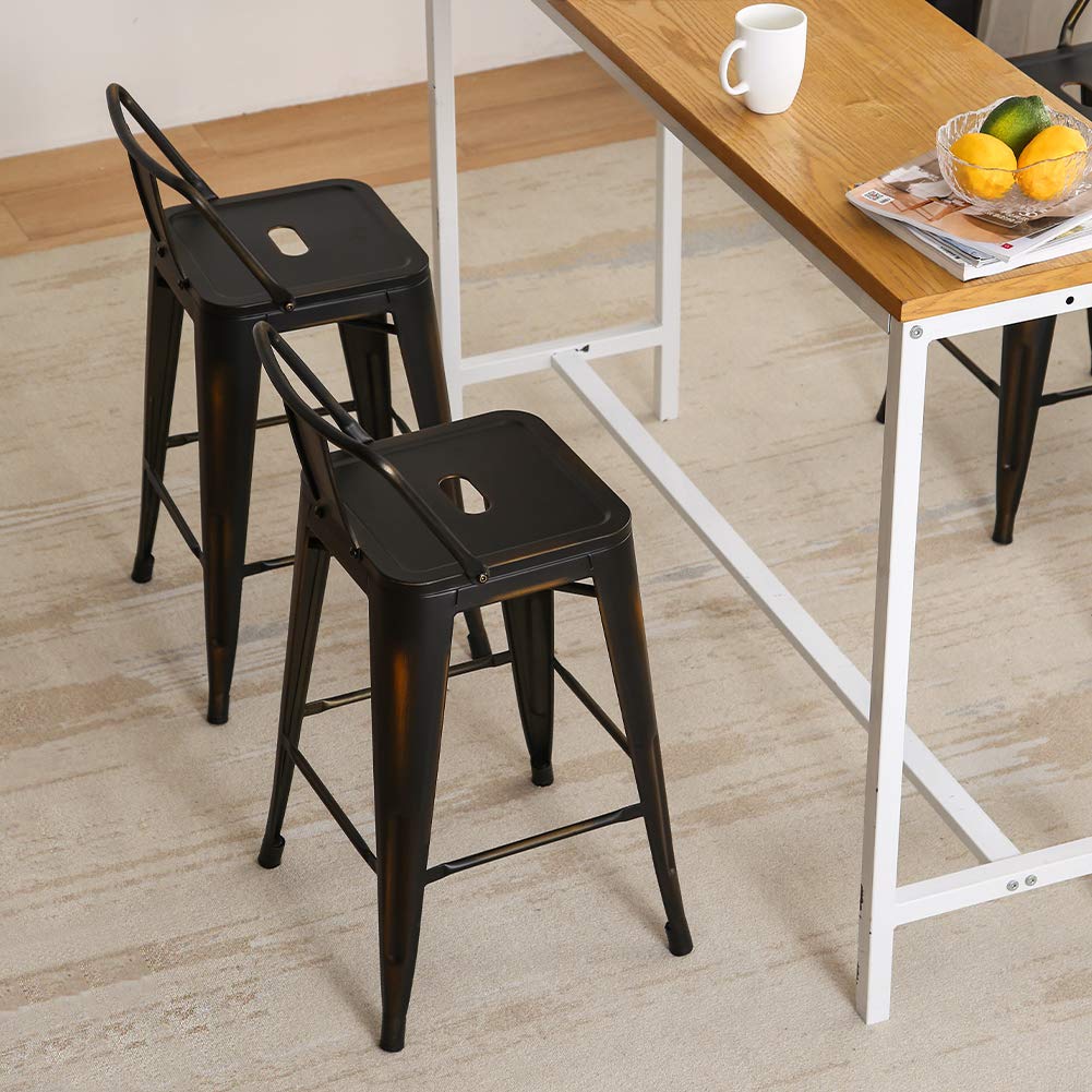 Aklaus Industrial Metal Bar Stools Set of 4 - 30 Inch Bar Height Stools with Back, Distressed Gold Finish - Modern Kitchen & Dining Chairs for Indoor/Outdoor Use - Perfect for Home Bars, Kitchen Islands, and Patio Seating