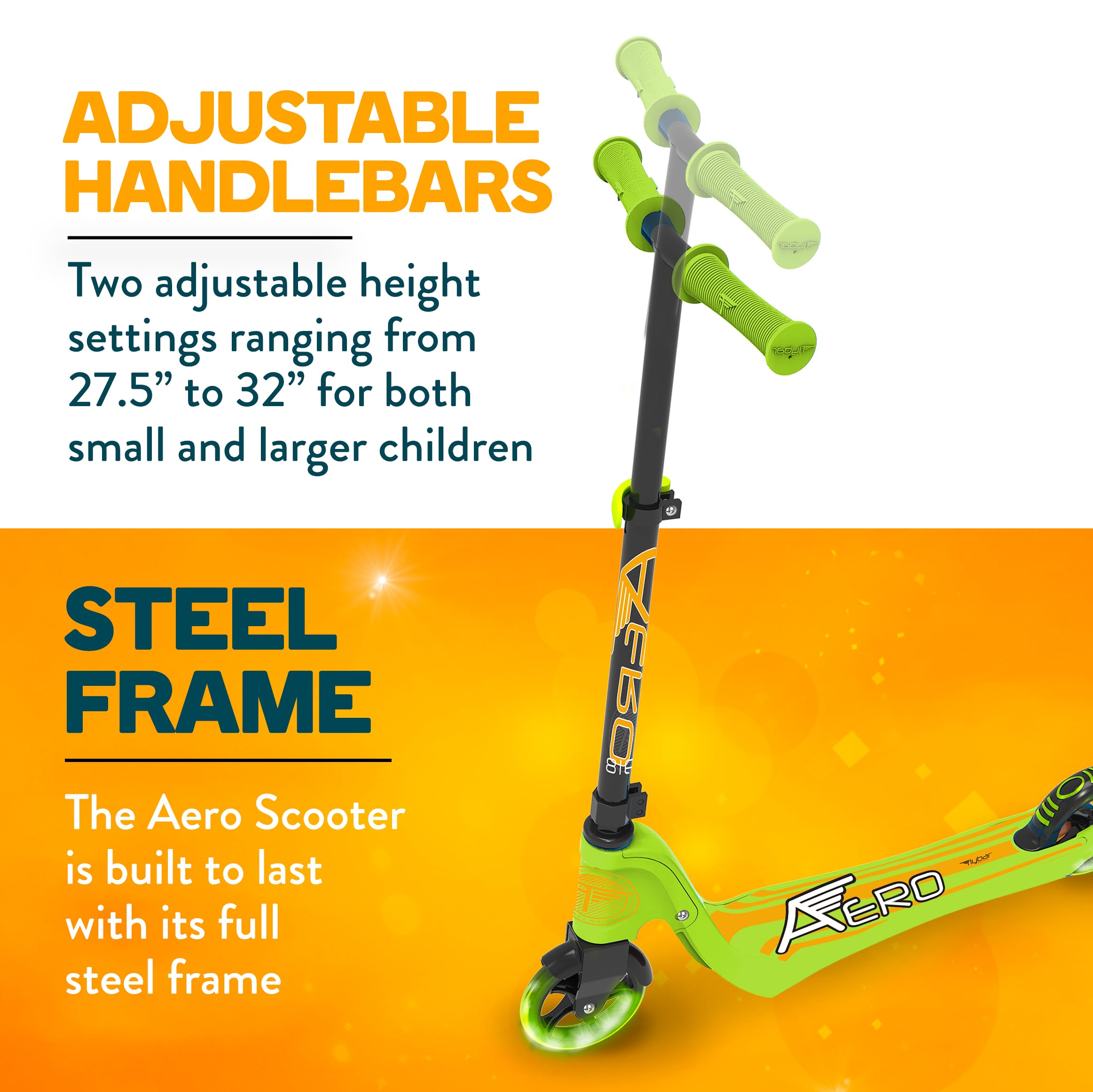 Flybar Aero Kids Scooter - Adjustable 2 Wheel Kick Scooter with Rear Brake & Foldable Design | Durable Outdoor Scooter for Boys & Girls Ages 5+ | Perfect for Park Rides, Neighborhood Commuting & School Playground Fun
