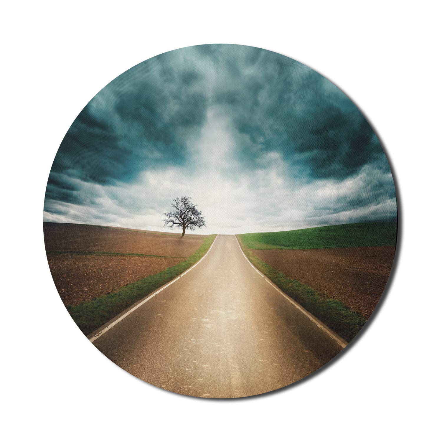 Ambesonne Round Non-Slip Rubber Gaming Mouse Pad - 8 Inch Computer Mousepad with Landscape Design of Road Through Empty Fields and Dramatic Sky, Teal Brown - Perfect for Office, Gaming, and Home Workspace