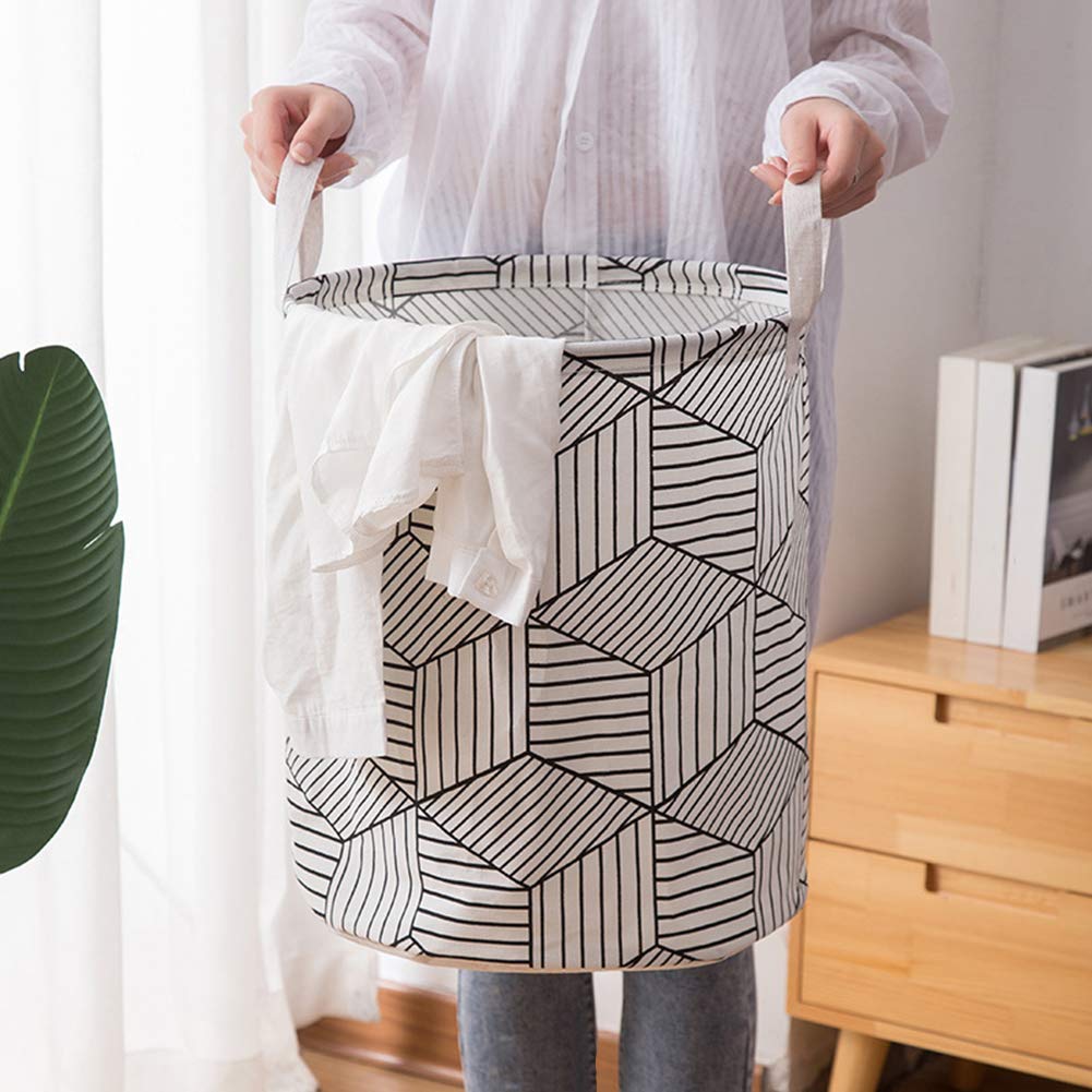 Round Folding Grid Laundry Storage Basket - Breathable Clothes Organizer Bin for Bedroom, Bathroom & Closet Organization (Stripe Pattern) - Perfect for Socks, Underwear & Toy Storage