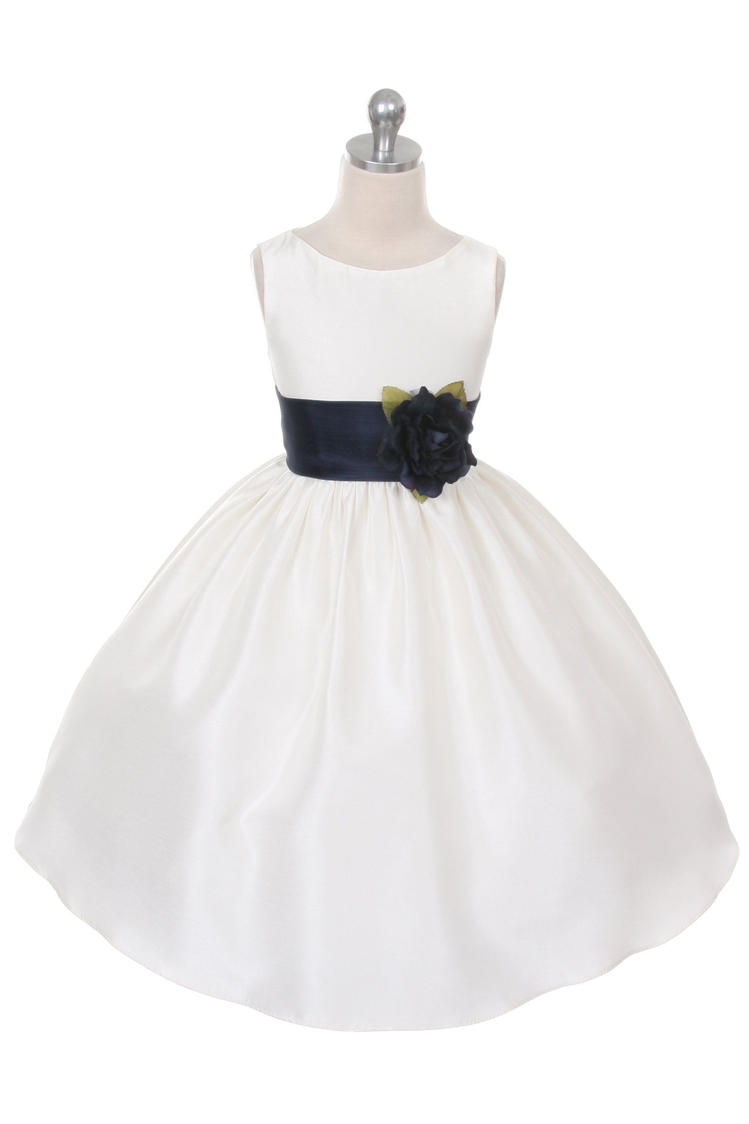 Ivory Classic Poly Silk Girls Dress with Organza Sash - Elegant Flower Girl Dress for Weddings, Parties & Special Occasions