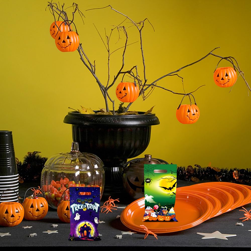 40 Pcs Halloween Treat Bags with Handles - Orange & Black Plastic Candy Goodie Bags for Kids Party Favors, Trick or Treat, Classroom Treats & Halloween Decorations Supplies