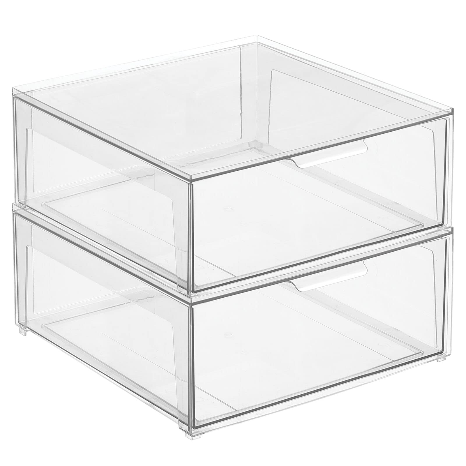 mDesign Plastic Stackable Bathroom Storage Organizer Bin with Front Pull Drawer - Clear Lumiere Collection for Countertop, Vanity & Closet - Perfect for Beauty Accessories, Makeup & Toiletries Organization - Ideal for Small Spaces, Bathroom Shelves & Bedroom Storage