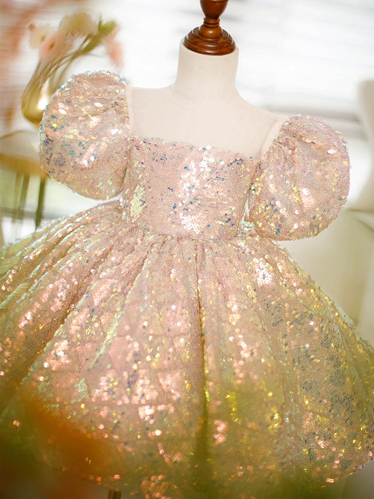 Pink Princess Square Tea Length Sequined Flower Girl Dress for Weddings, Bridal Party & Special Occasions - Elegant Flower Girl Attire
