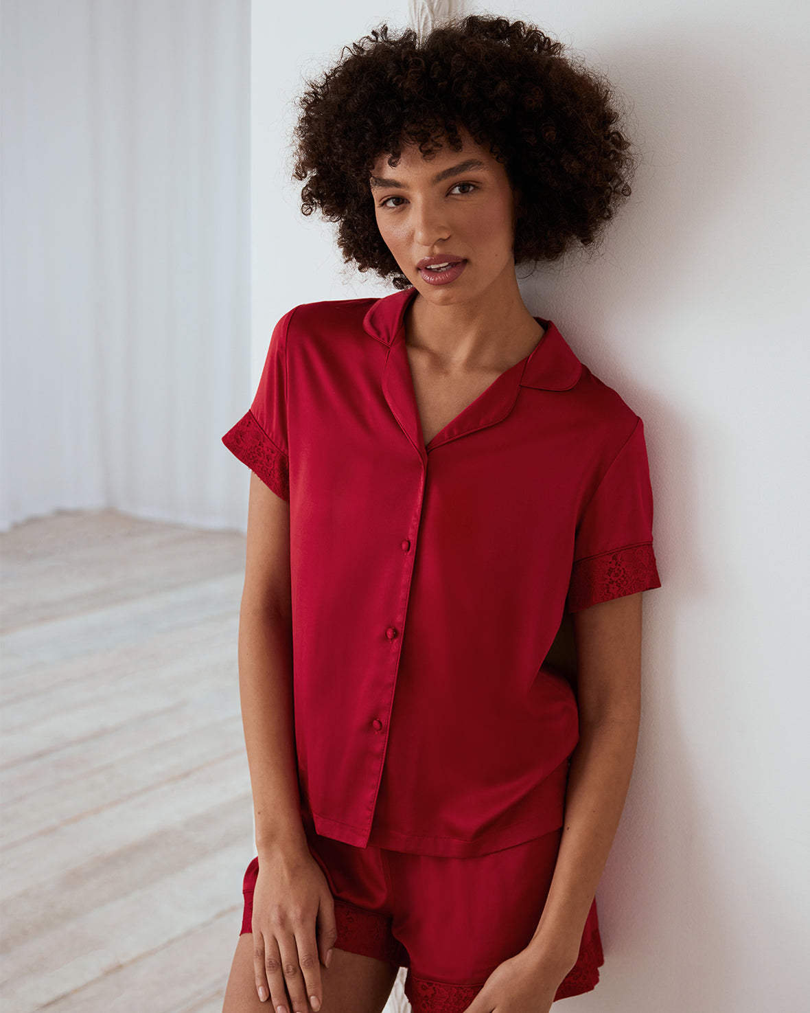 Red Satin Lace Trim Short Pajama Set for Women - Soft Sleepwear & Lounge Wear for Summer Nights & Relaxation at Home