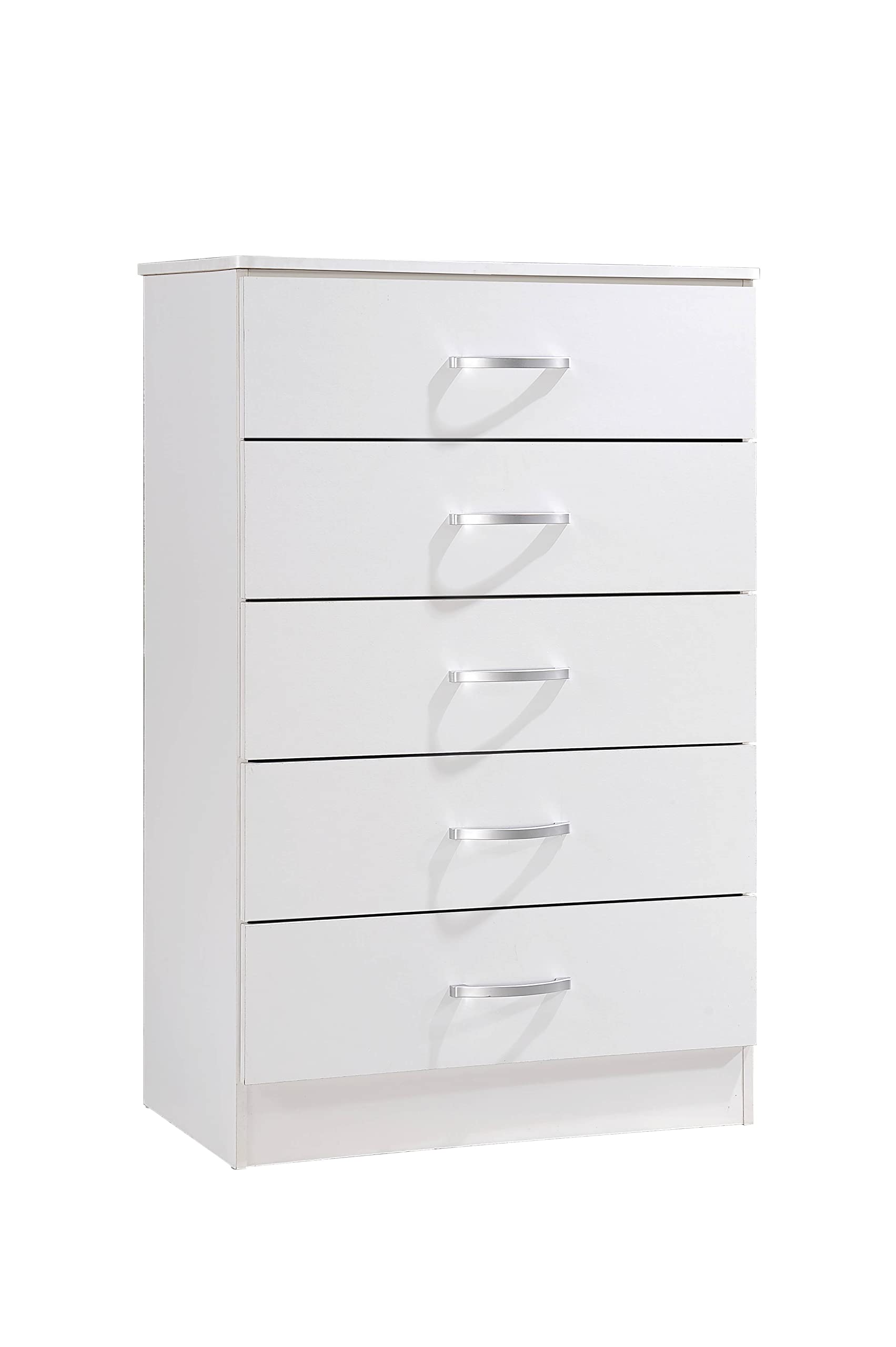 HODEDAH 5-Drawer Wooden Dresser for Bedroom - Sturdy Chest of Drawers with Metal Support Rails - White Storage Furniture for Clothes, Bedding & Home Organization