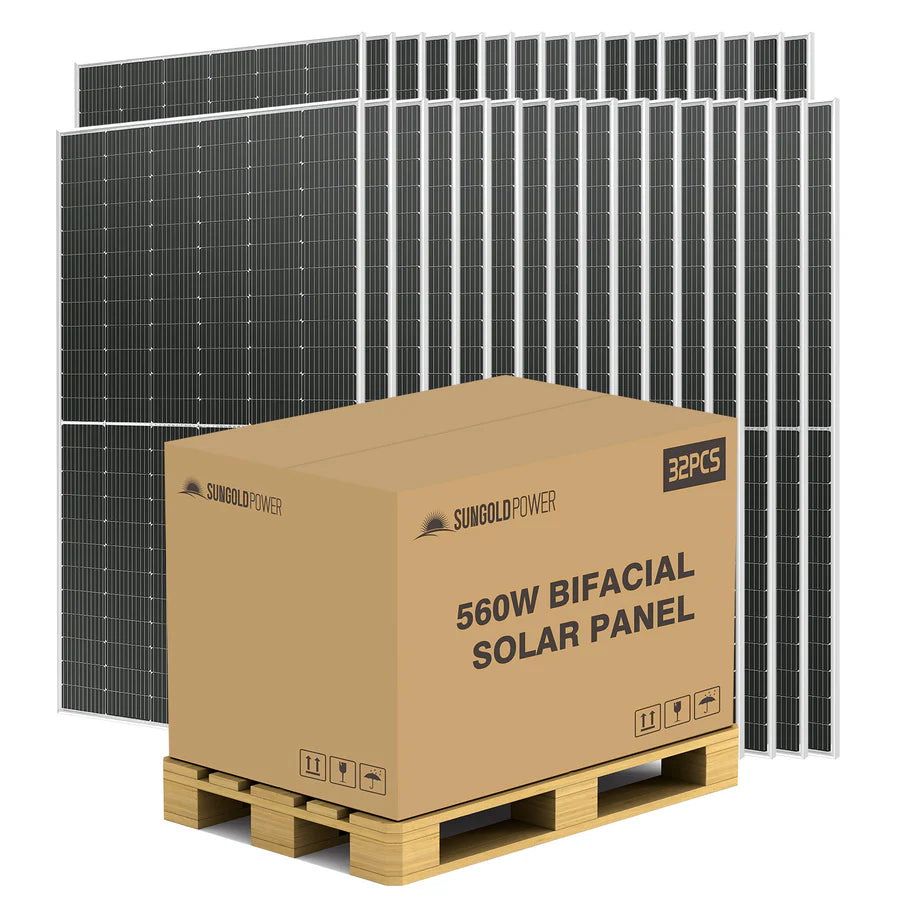 SunGoldPower 560W Bifacial PERC Monocrystalline Solar Panel - High Efficiency Solar Panel for Home, RV, and Off-Grid Power - Perfect for Residential, Commercial, and Outdoor Energy Needs