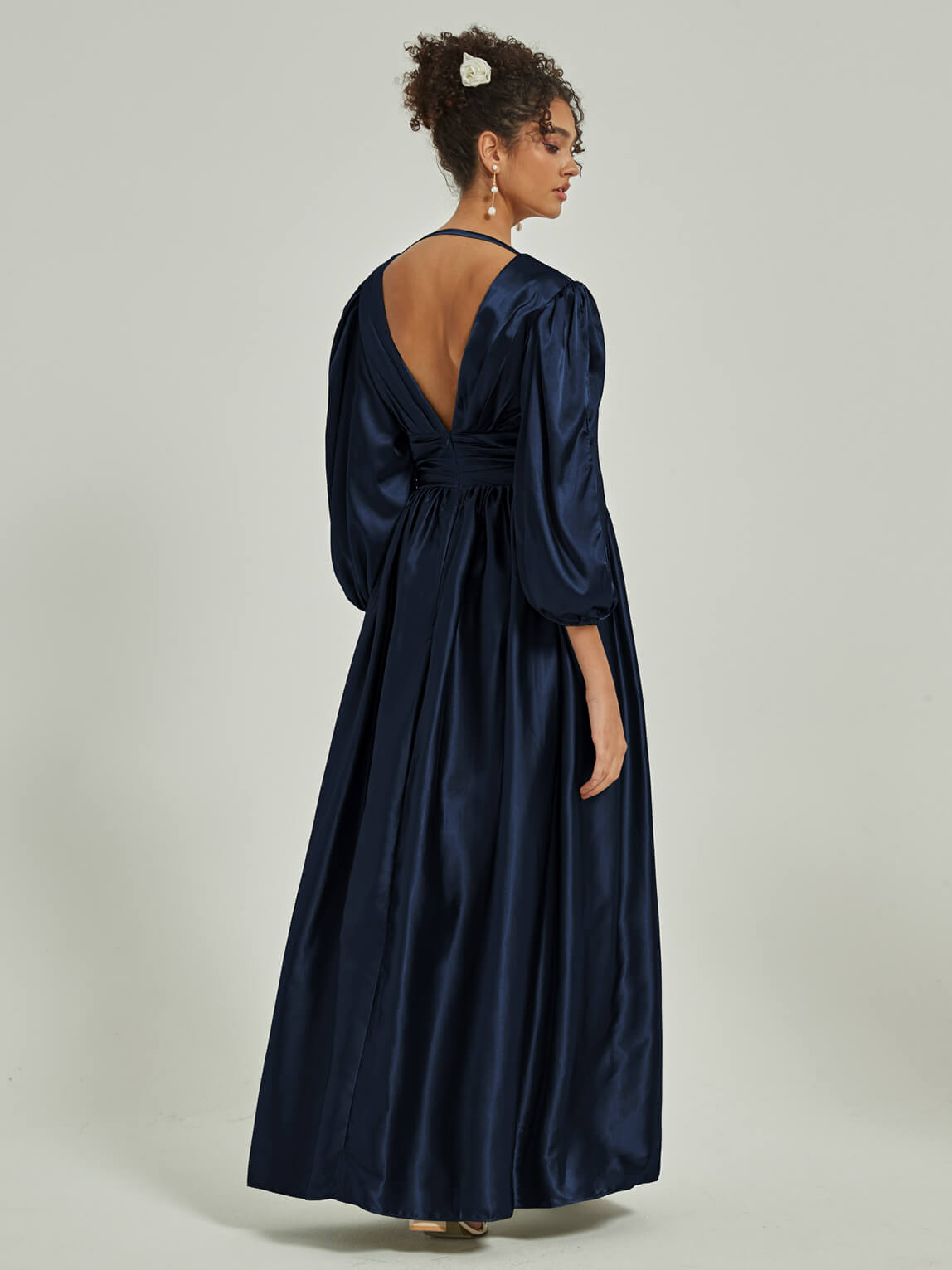 Elegant Dark Navy Satin Bridesmaid Dress with 3/4 Sleeves, V-Neck & Slit Pleated Design - Perfect for Weddings, Formal Events & Special Occasions