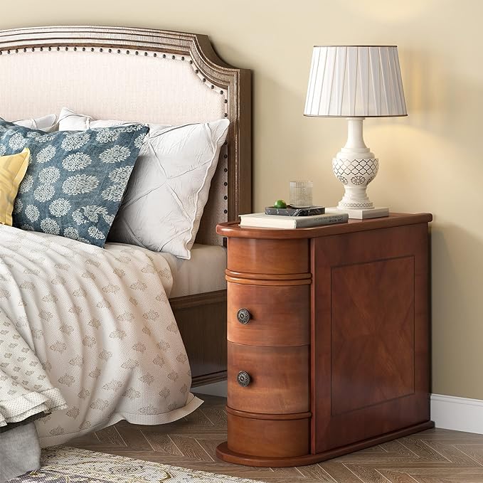 2 Drawers End Table - Solid Wood Nightstand with Storage, Small Side Table for Living Room, Bedroom, Office - Perfect for Holding Lamps, Books & Decor