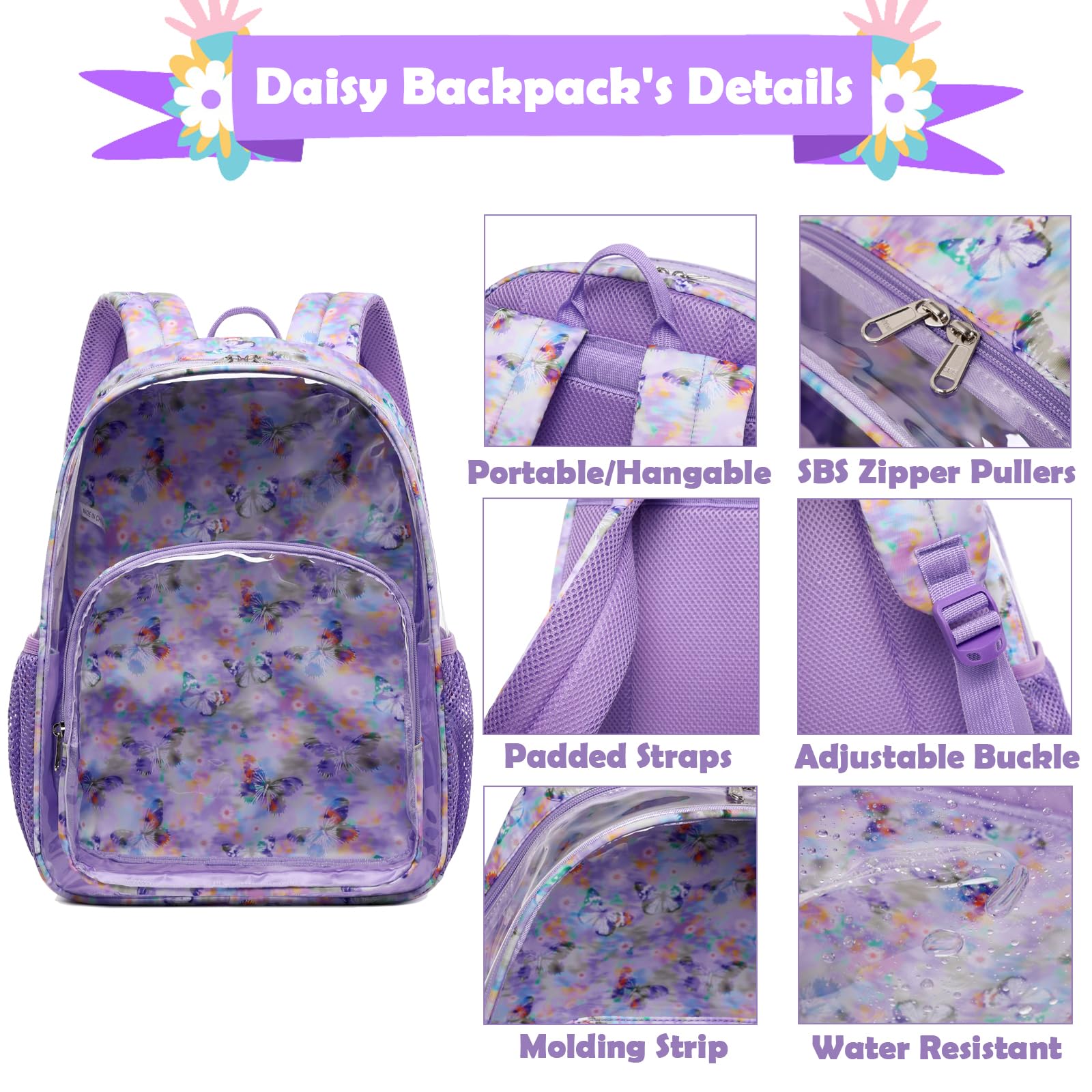 Kimwadalh Clear Backpack for Girls - Purple Butterfly TPU Transparent School Backpack, Heavy Duty See-Through Bookbag for College, Work, Security & Travel | Perfect for School, Concerts, Stadium Events & Airport Security