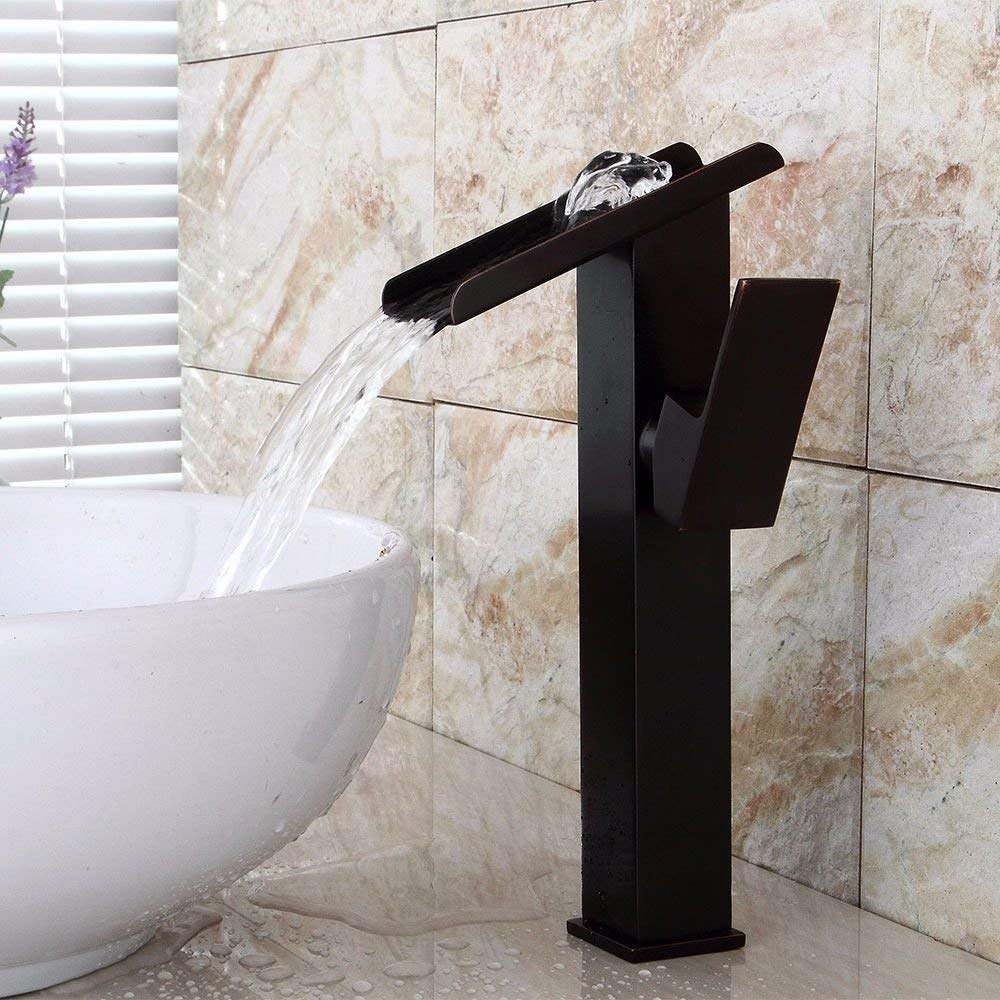 Black Oil Rubbed Bronze Waterfall Bathroom Sink Faucet - Single Hole Ceramic Lever Mixer Tap with Hot & Cold Water - Perfect for Modern Vanities, Powder Rooms & Guest Bathrooms
