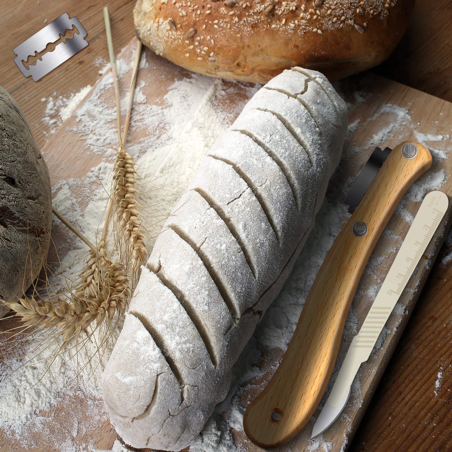 Premium Bread Lame Scoring Tool Kit - Wooden Handle Dough Slasher with 10 Replaceable Blades & 2 Protective Covers - Perfect for Sourdough, Baguettes, Artisan Bread Baking at Home or Bakery
