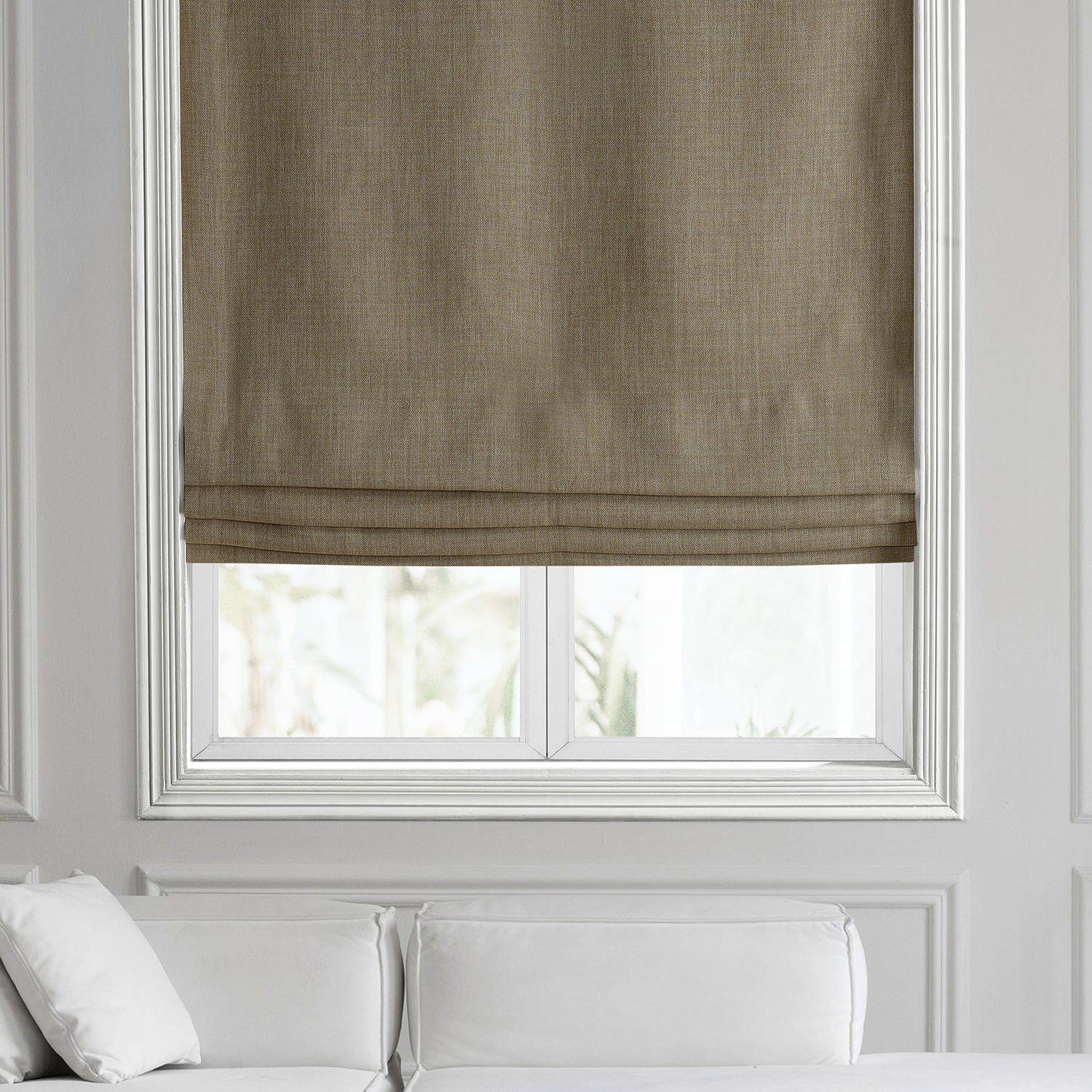 Nomad Tan Textured Faux Linen Roman Shade - Elegant Window Treatment for Living Room, Bedroom & Office