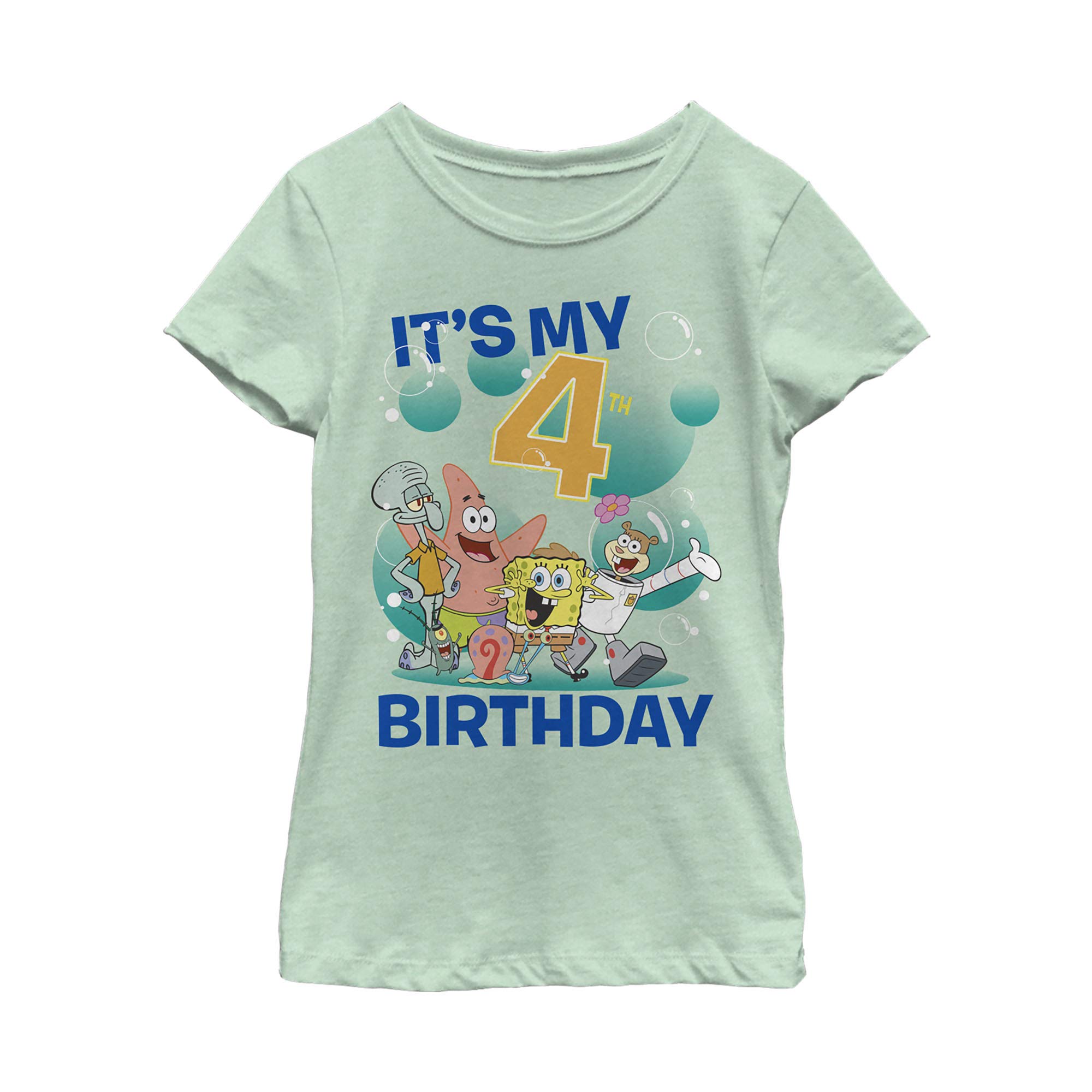 SpongeBob SquarePants 4th Birthday Girls Short Sleeve T-Shirt - Cute Cartoon Graphic Tee for Kids Birthday Party Outfits & Casual Wear