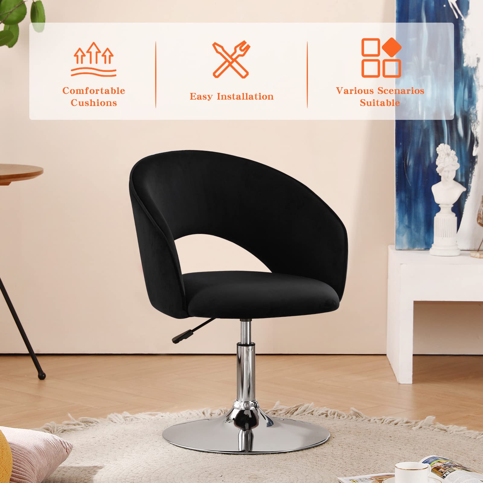 Furnimart Adjustable Black Velvet Vanity Chair with Back - Swivel Makeup Stool with Chrome Frame & Hollow Backrest - Accent Chair for Living Room, Bedroom, Dressing Table - Perfect for Makeup, Reading & Relaxing (Black)