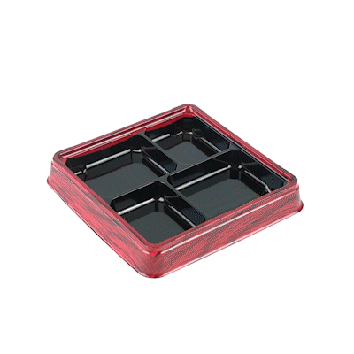 Bento Tek 18 oz Square Red and Black Plastic Bento Box with 4 Compartments - 8.5