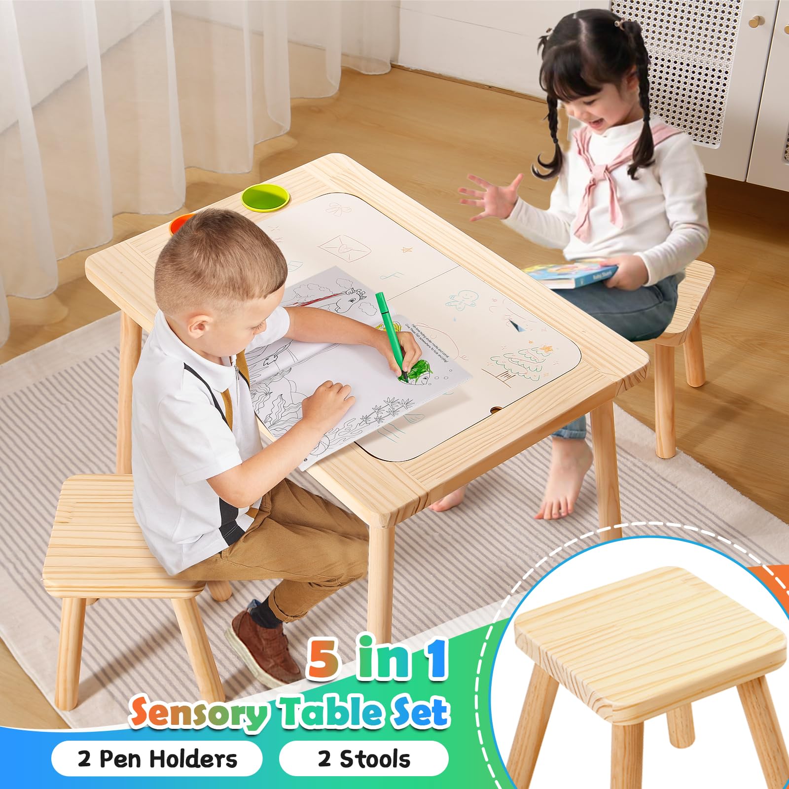 **Kids Sensory Table with 2 Stools & Storage Bins - Multifunctional Toddler Play Sand & Art Activity Table for Indoor Learning, Drawing & Creative Play - Perfect for Preschool, Daycare & Home Use**