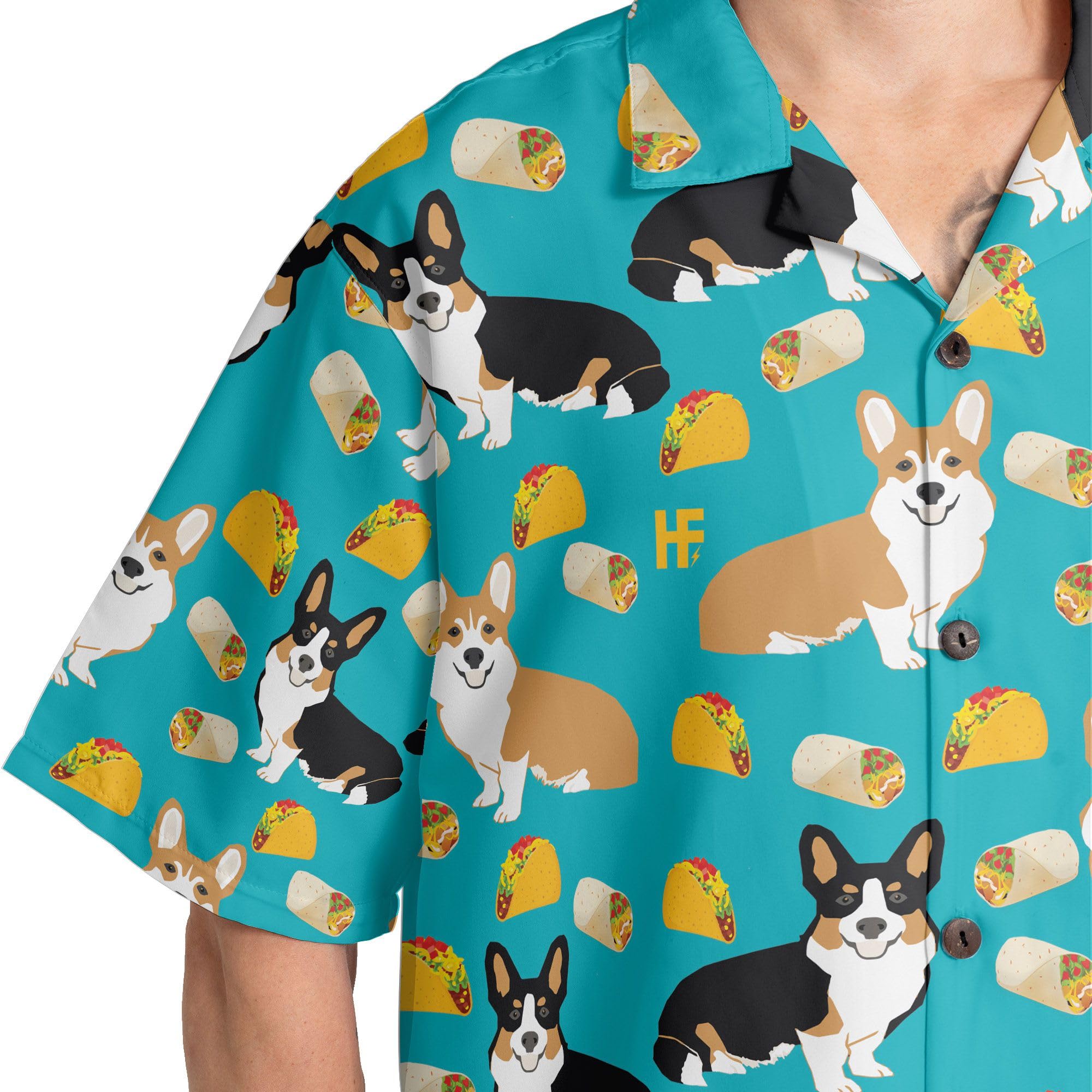 HYPERFAVOR Men's Corgi Hawaiian Shirts - Cute Button Down Dog Lover Gift for Corgi Owners - Perfect for Beach Parties, Summer Vacations & Casual Outings