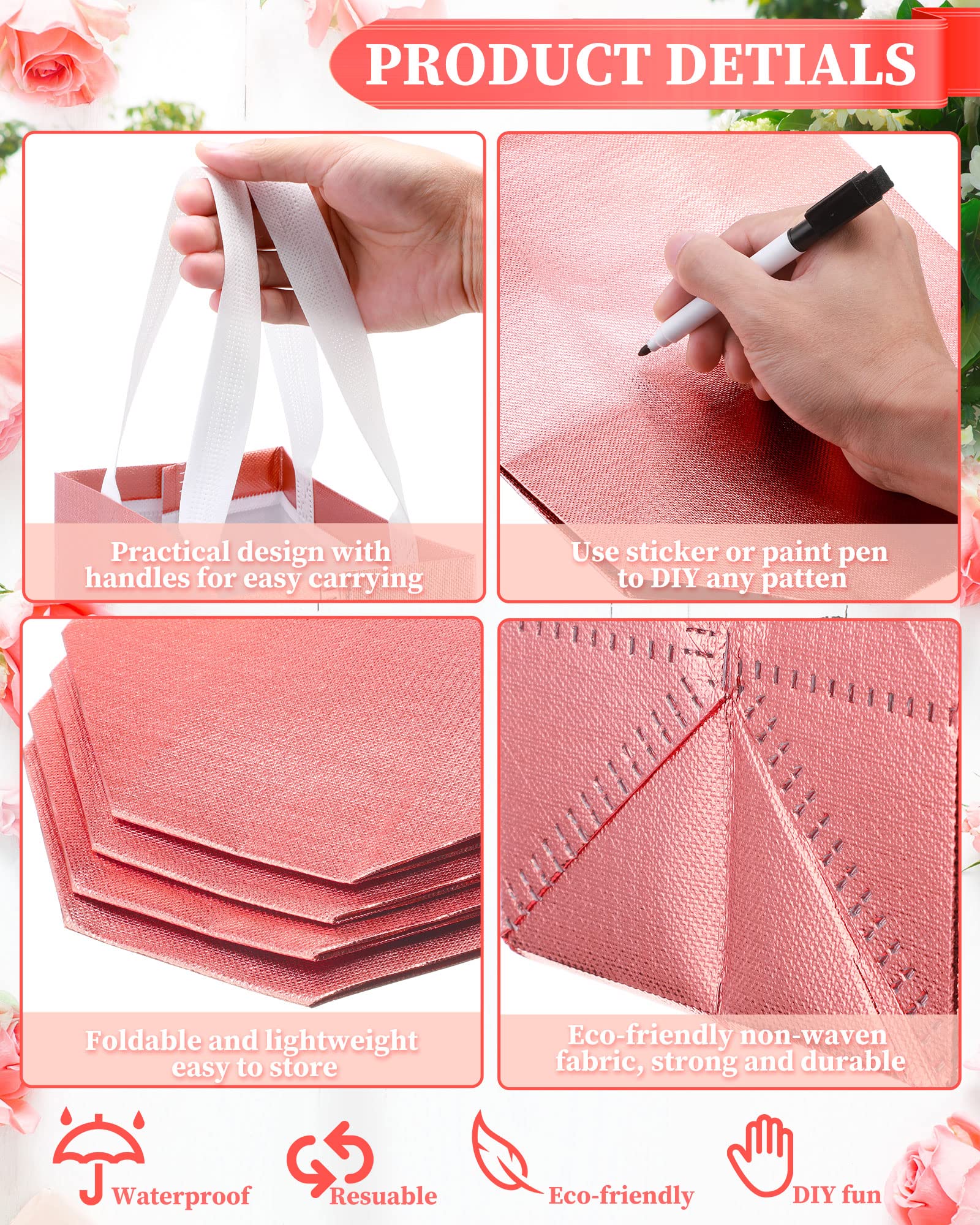 80-Piece Reusable Glossy Tote Gift Bags with Handles - Bulk Wedding, Bachelorette Party & Christmas Gift Bags (Medium, Rose Gold) | Perfect for Party Favors, Holiday Gifts & Grocery Shopping