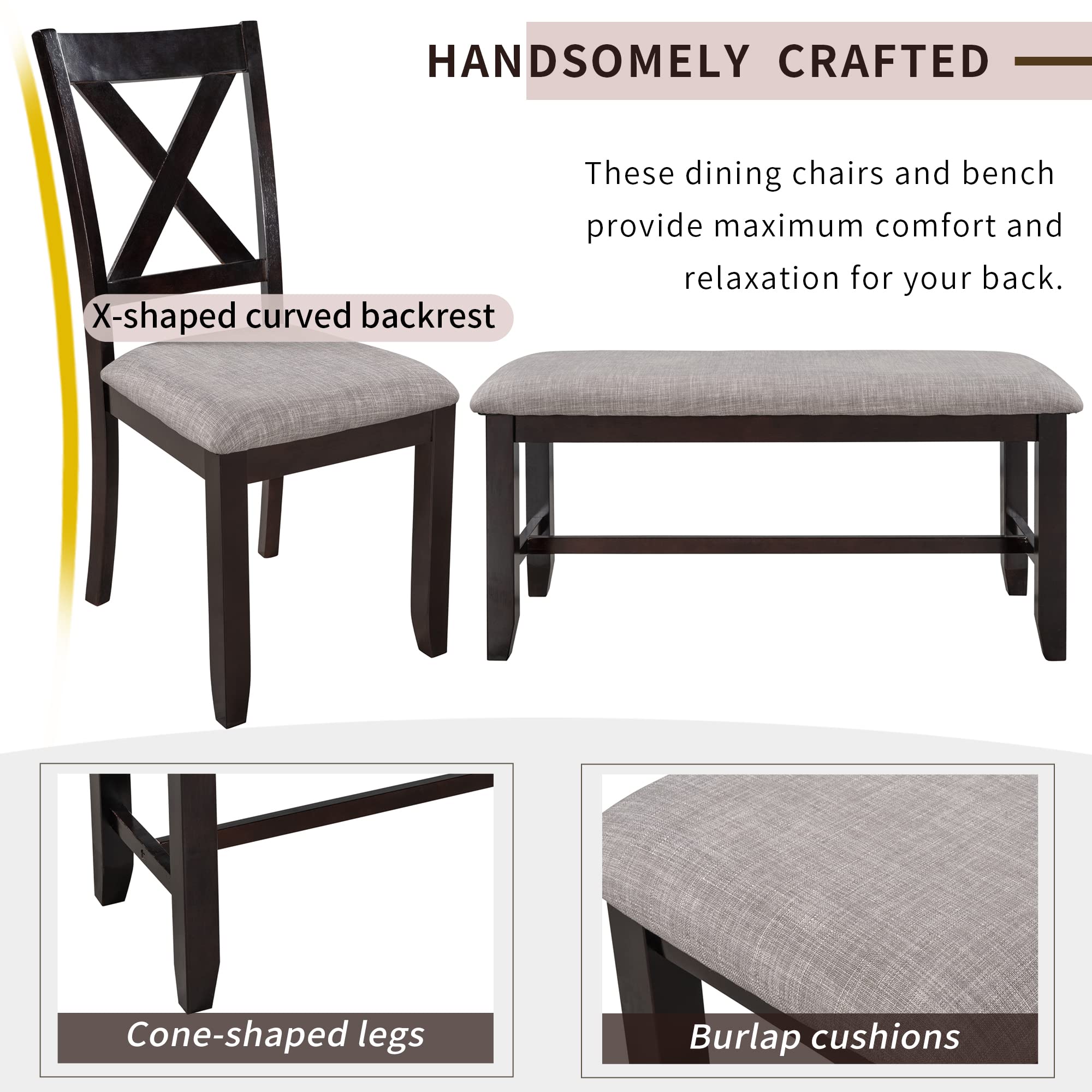 Harper & Bright Designs 6-Piece Wooden Dining Table Set with Bench - Rectangular Kitchen Table & Chairs for 6 - Espresso & Grey Home Furniture - Perfect for Family Dinners, Entertaining Guests & Small Space Dining Rooms