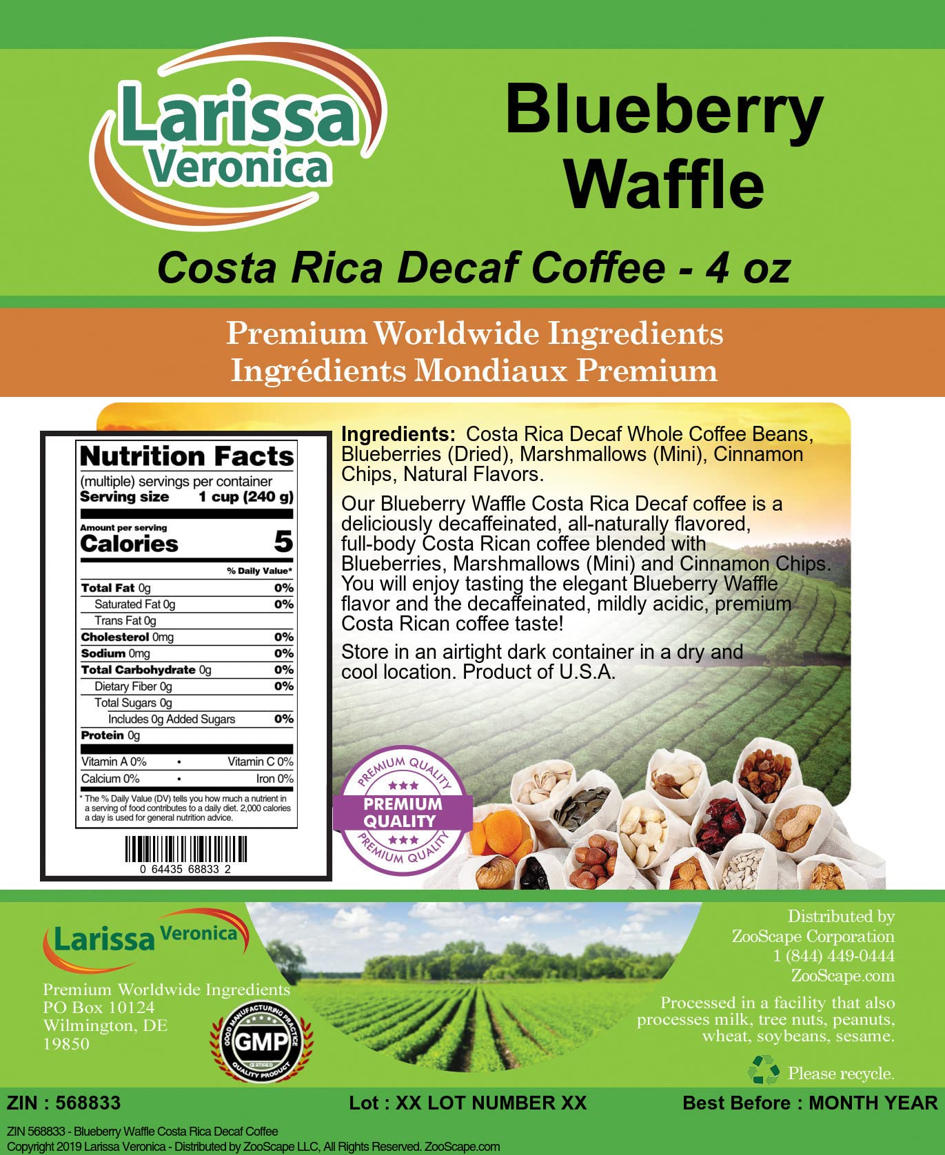 Premium Costa Rica Decaf Blueberry Waffle Flavored Whole Bean Coffee - Gourmet, Naturally Flavored, 4 oz Bags (3 Pack) - Perfect for Breakfast, Office & Gift Giving