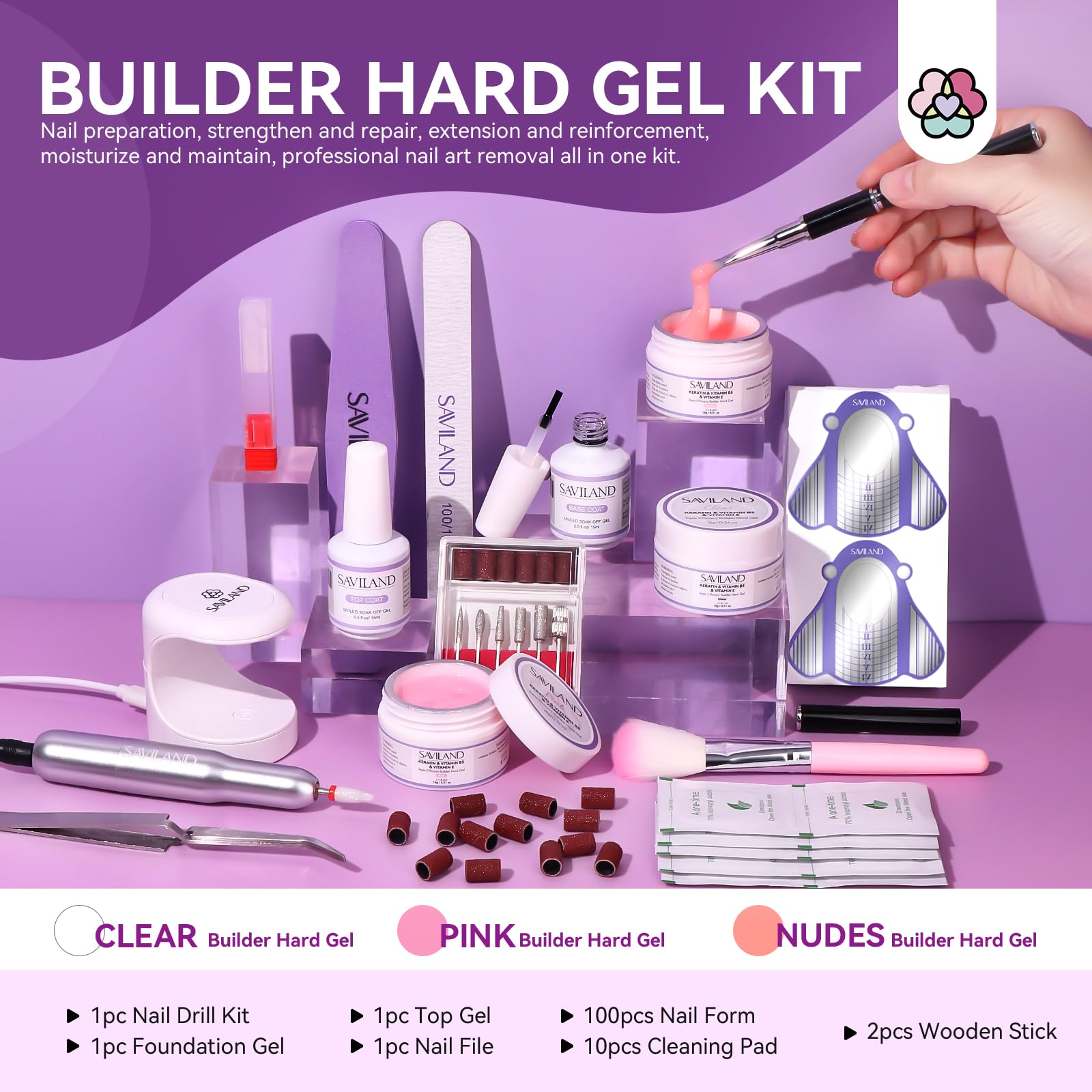 SAVILAND 3Pcs Hard Gel Nail Set - VE, VB5 & Kerain for Home Salon DIY