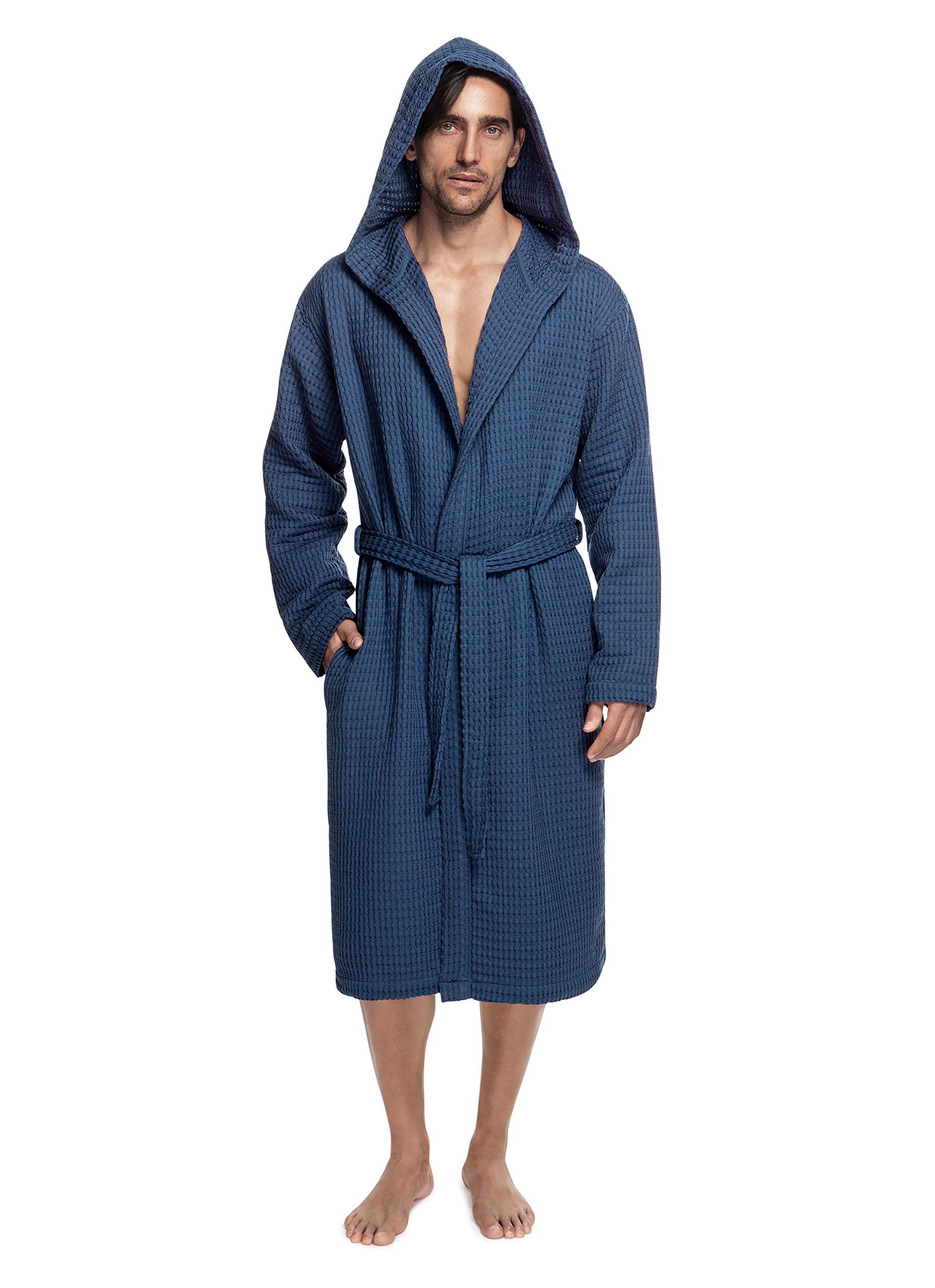 Men's Cotton Waffle Hooded Bathrobe - Soft Long Robe with Pockets, Navy Blue by Emborio | Perfect for Spa, Lounging & Post-Shower Comfort