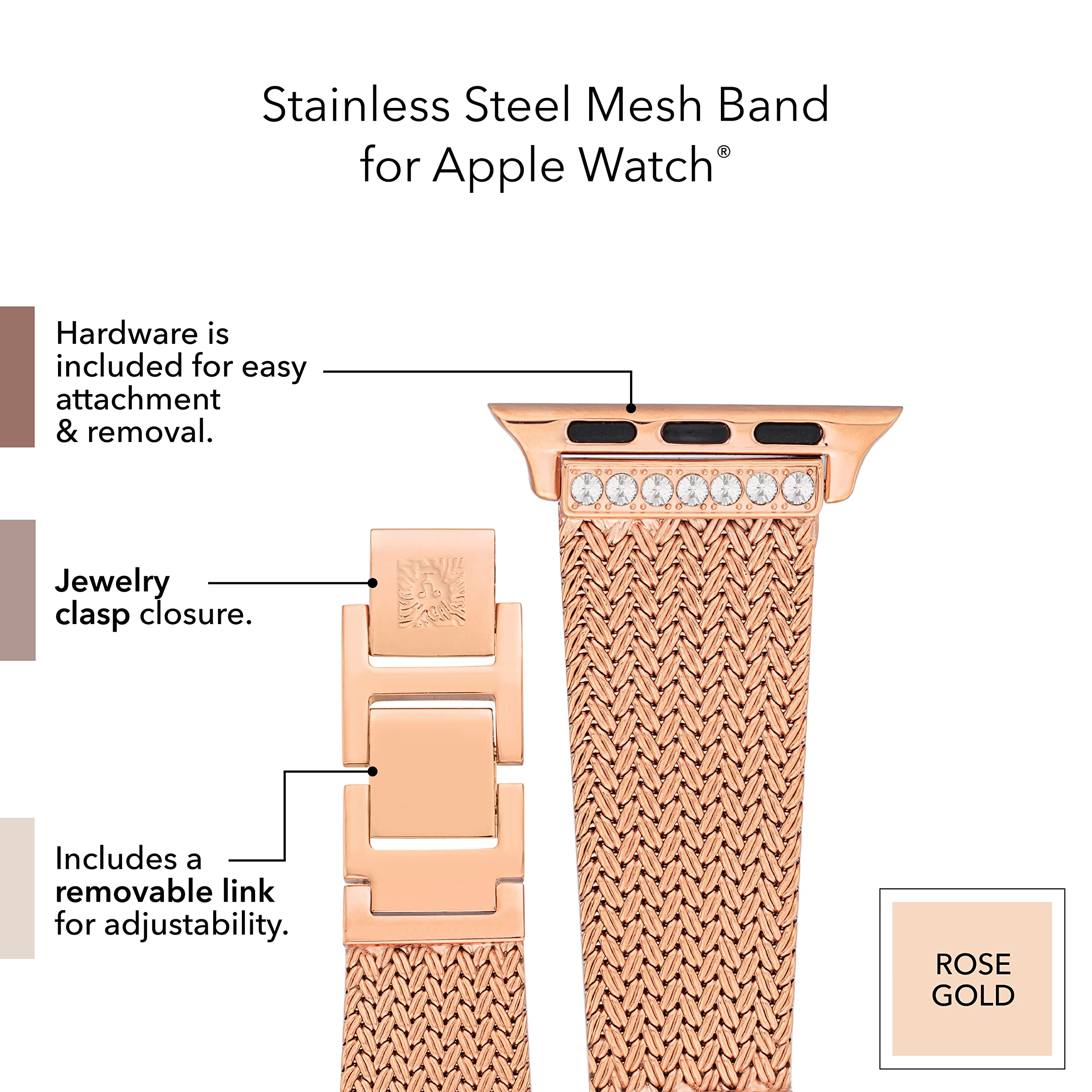 Anne Klein Mesh Fashion Band for Apple Watch - Secure Adjustable Replacement Strap Compatible with 38/40/41mm & 42/44/45mm Models - Perfect for Workouts, Office & Everyday Wear