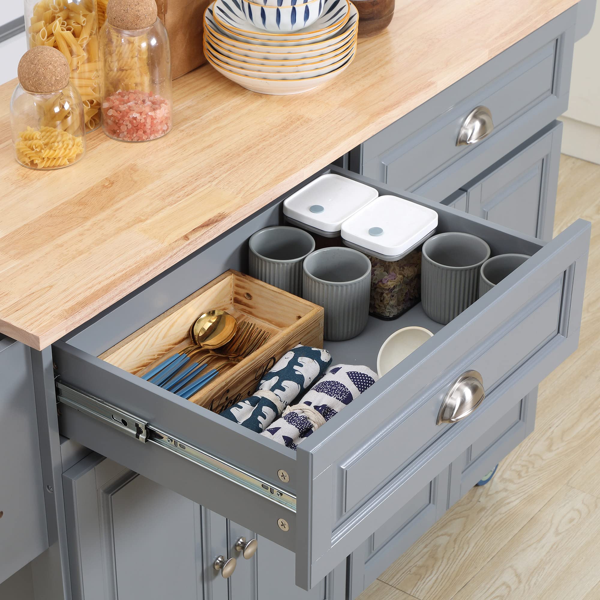 HOMCOM Rolling Kitchen Island Cart with Drop Leaf - Mobile Kitchen Cart with Rubber Wood Top, 2 Drawers & 2 Storage Cabinets - Versatile Island Table for Small Kitchen, Dining Room & Apartment - Space-Saving Dark Gray Kitchen Organizer for Cooking, Baking & Entertaining