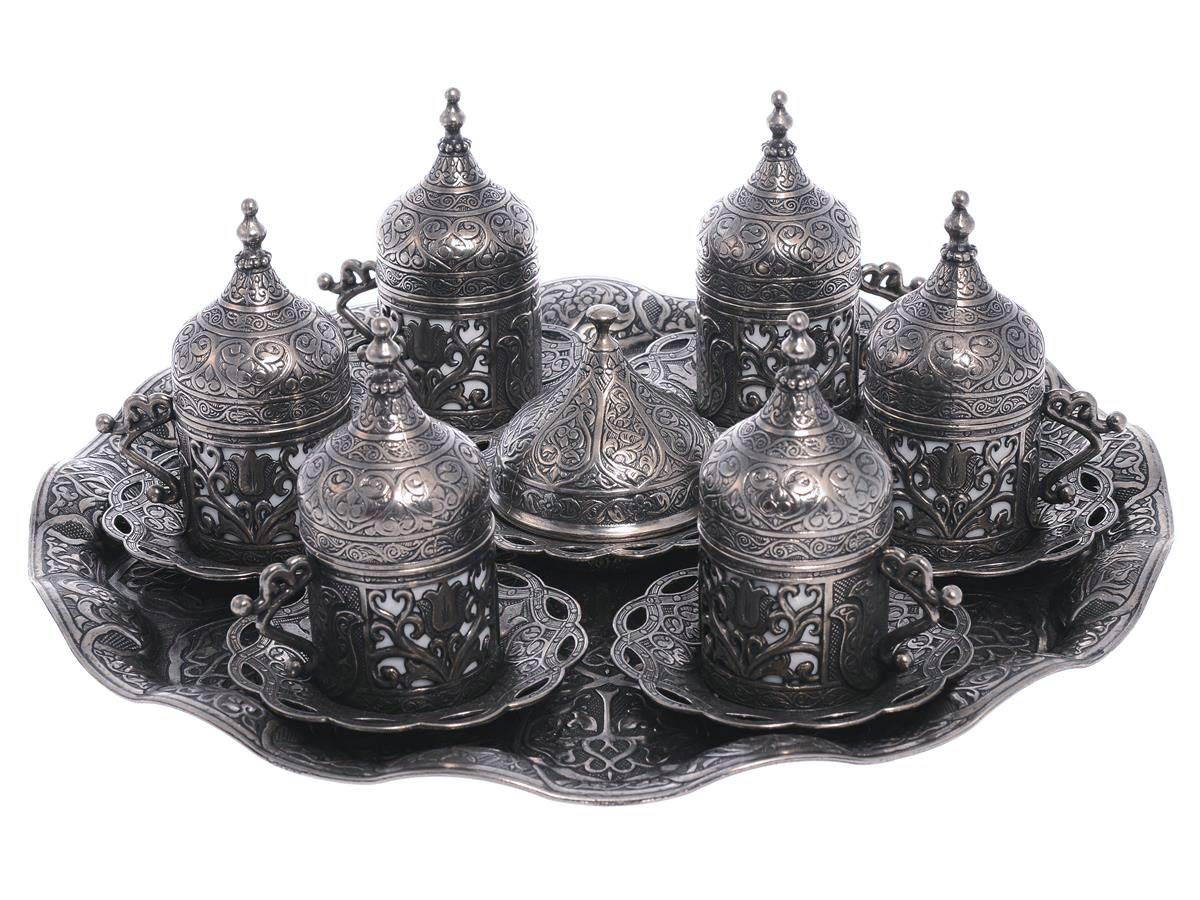Premium 6-Piece Turkish Coffee Cup Set with Saucers & Lids - Traditional Ottoman Tulip Design (Lale) in Black - Perfect for Home Brewing, Gifts & Coffee Shops