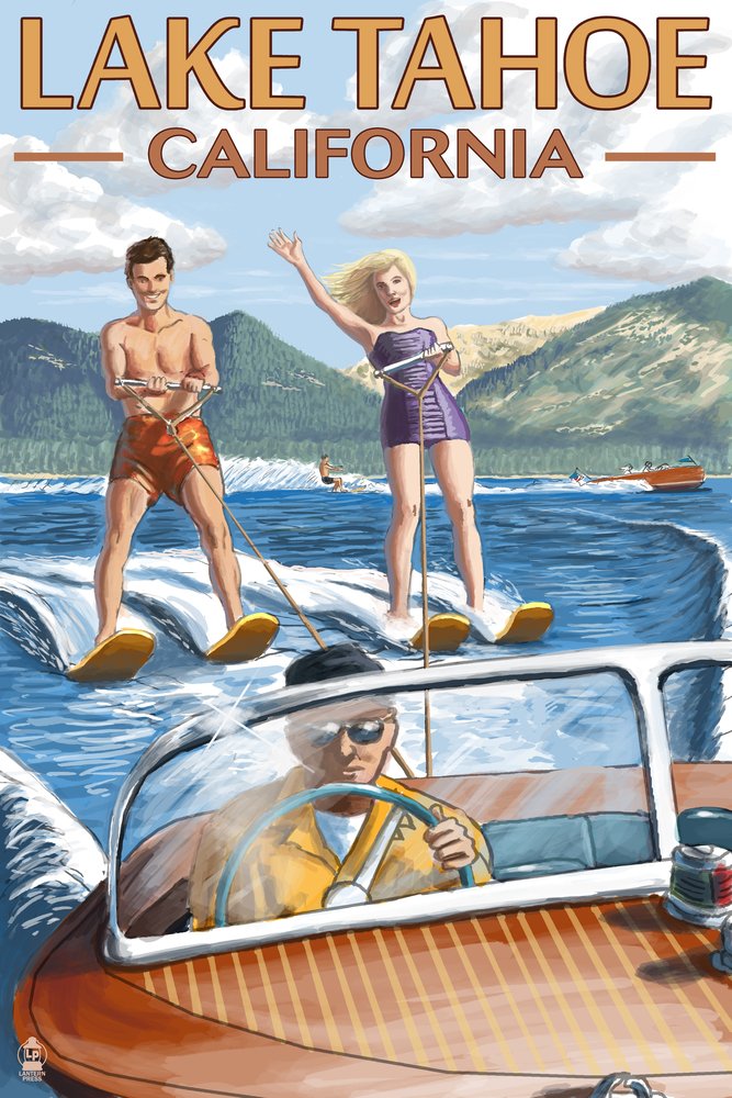 Lake Tahoe California Water Skiing Art Print - 24x36 Signed Wall Decor Poster - Perfect for Living Room, Office & Home Decor